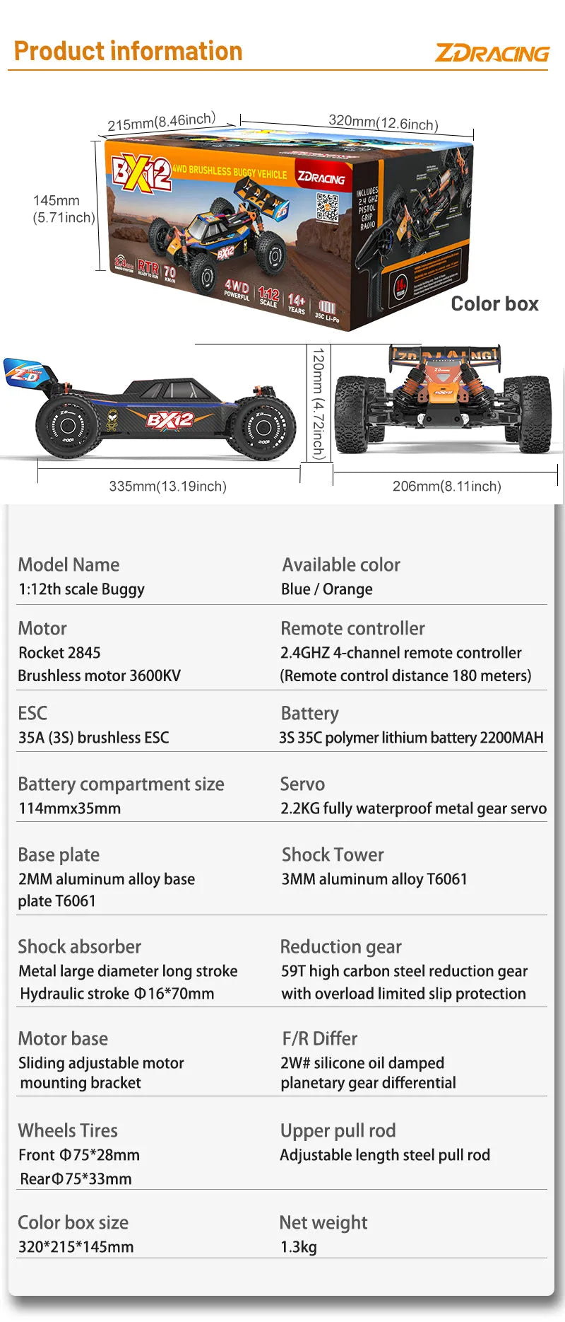 **ZD Racing BX 12 1/12 Scale 4WD RC Car - 70km/h High Speed, 3S Brushless Motor, 2.4G RTR, Oil-Filled Shocks - Off-Road Racing Truck for Adults & Kids (Perfect for Backyard, Park & Track Racing)**