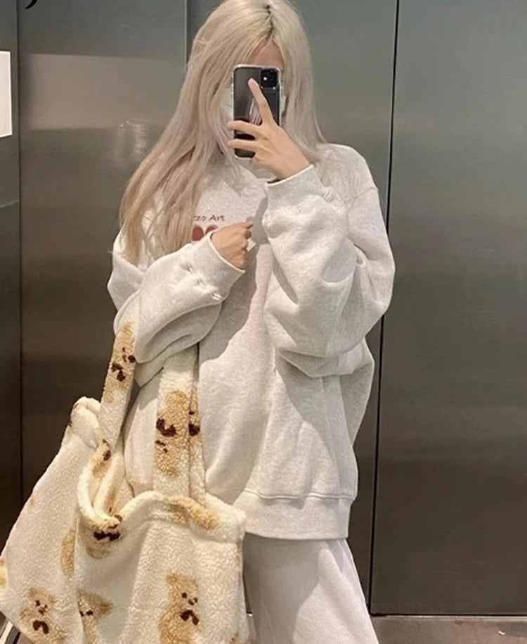 Women's Basic O-Neck Loose Hoodie - Winter Fashion Printed Casual Sweatshirt for Office & Daily Wear | Cozy & Stylish Solid Color Pullover for Women