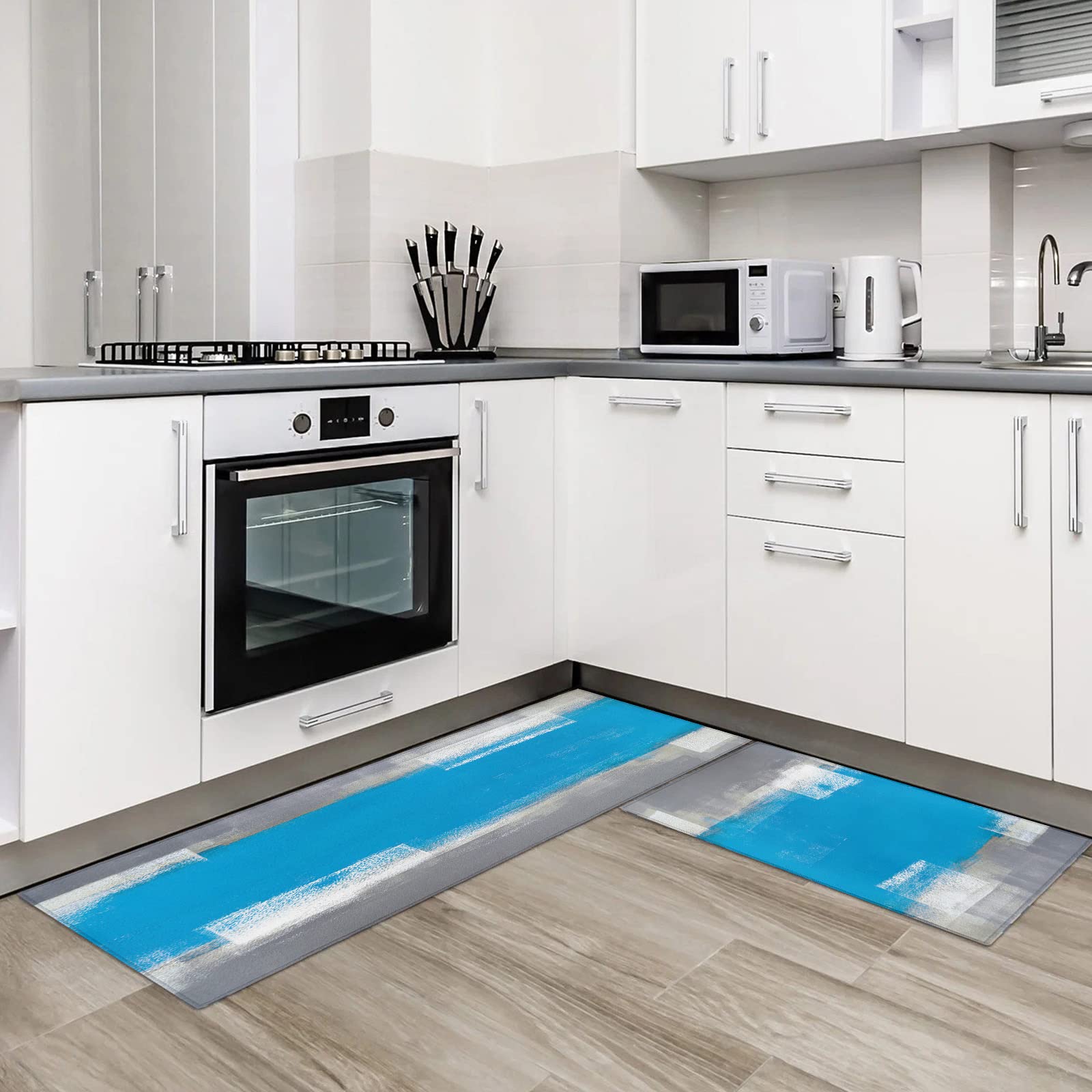 LooPoP Abstract Pattern Anti-Fatigue Kitchen Mats Set - 2 Piece Non-Slip Cushioned Floor Rugs, Washable Gray & Blue Oil Painting Design - Perfect for Kitchens, Entryways & High-Traffic Areas