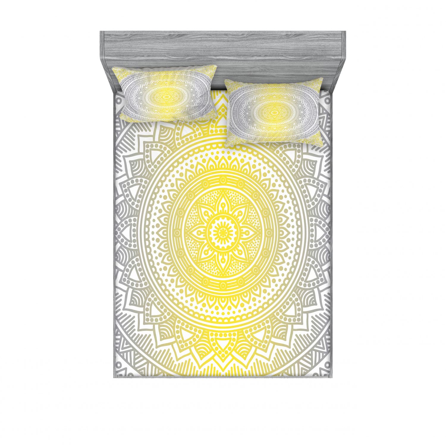 Ambesonne 2-Piece Queen Size Mandala Fitted Sheet Set with 4 Pillow Shams - Ombre Pale Grey & Yellow Boho Bedding for Master Bedroom, Guest Room & Dorm Decor