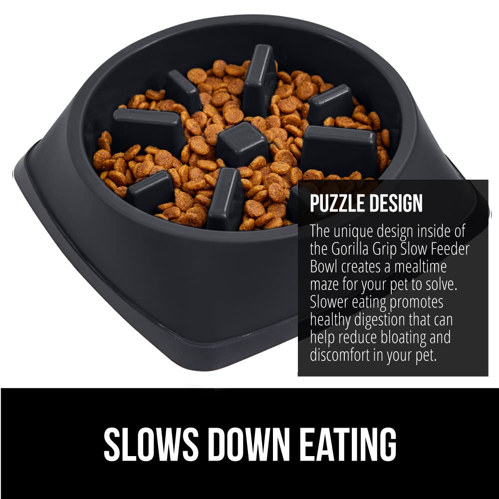 GORILLA GRIP Slow Feeder Dog and Cat Bowls - Interactive Puzzle Toy for Pet Food Training - Prevents Overeating in Puppies & Keeps Pets Busy - BPA Free for Small & Large Breeds (1 Cup, Black) - Perfect for Mealtime Enrichment and Portion Control