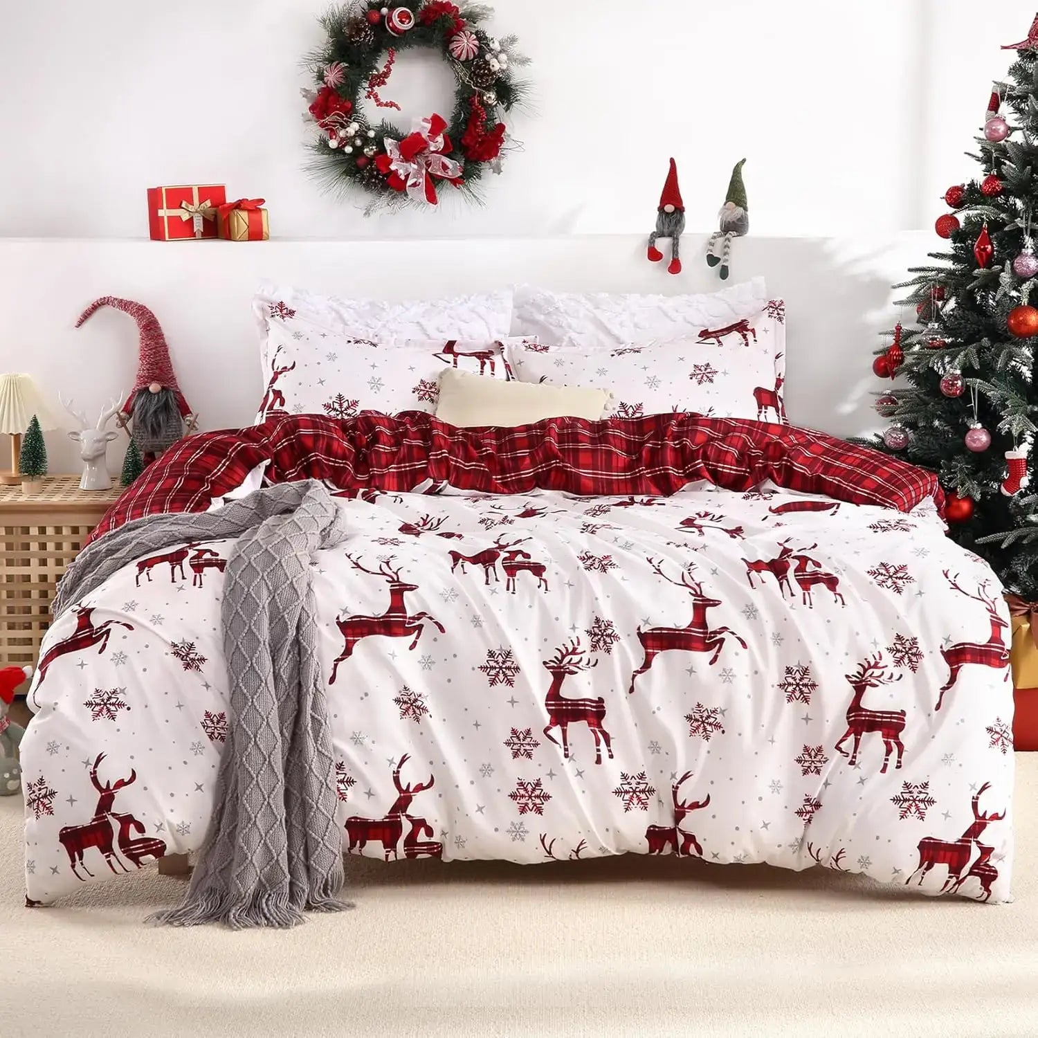 Merry Christmas Duvet Cover Set - Red Elk & Snowflake Bedding for Holiday Decor | Cozy Winter Bedroom Upgrade | Perfect Christmas Gift for Family & Friends