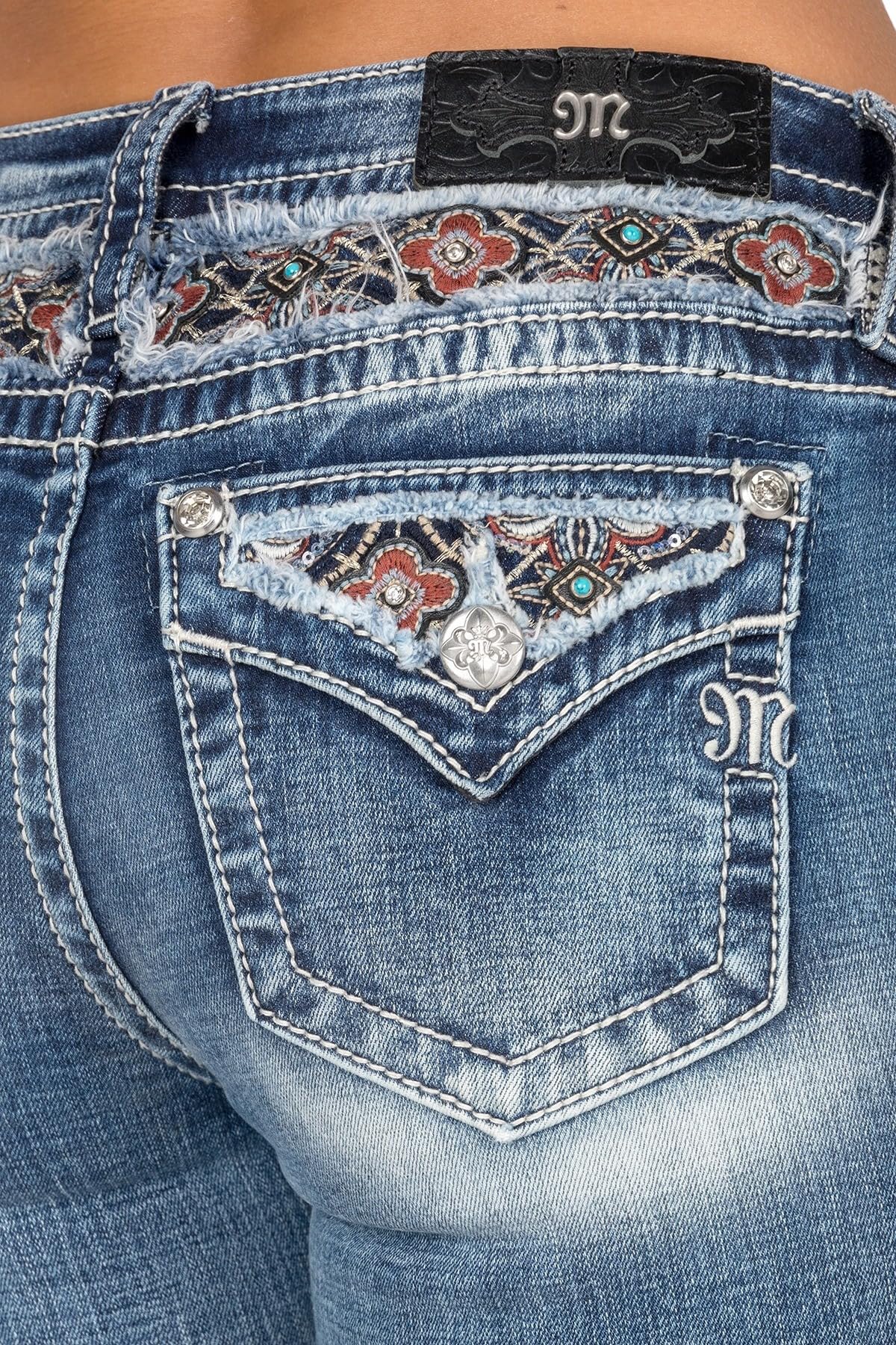 Miss Me Women's Mid-Rise Bootcut Jeans - Floral Embroidered Stretch Denim with Faux Flap Pockets | Comfortable & Stylish for Casual Wear, Office, and Night Out