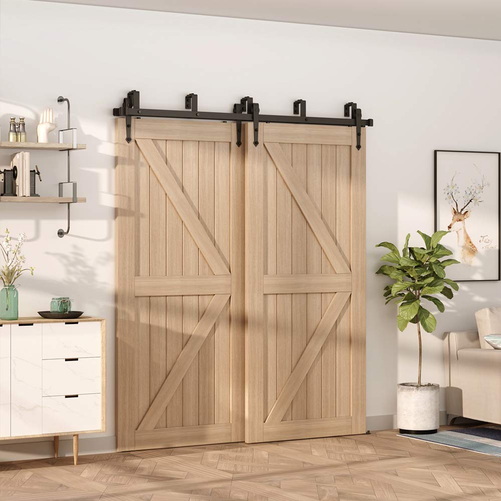 ZEKOO 12FT Double Bypass Barn Door Hardware Kit - Black Roller Hanger for Double Wooden Doors | Heavy Duty Sliding Track System | Perfect for Bedroom, Closet & Farmhouse Style Home Décor
