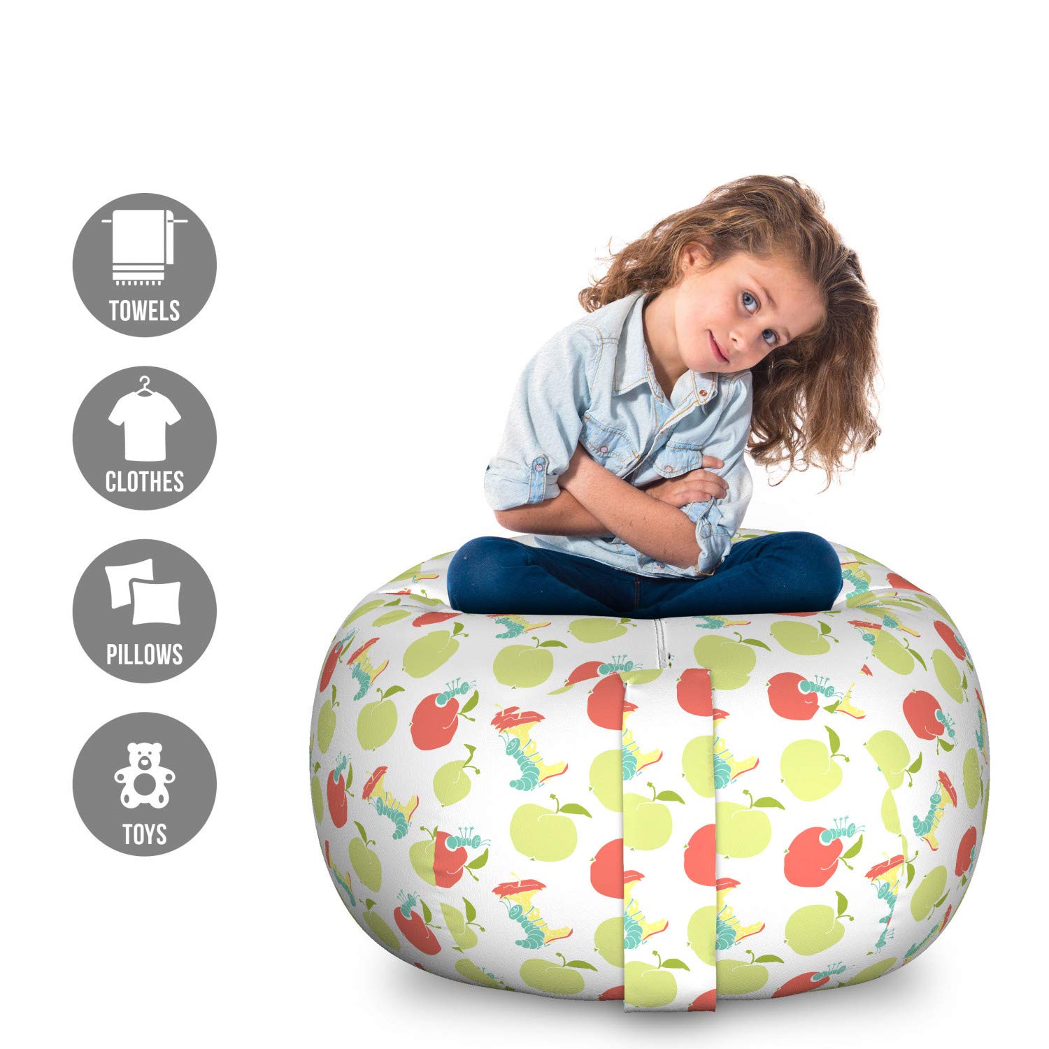 Ambesonne Caterpillar Toy Storage Bag Chair - Large Washable Organizer with Animal & Apple Nature Pattern - Dark Coral & Pale Green - Perfect for Kids' Room, Playroom & Toy Organization