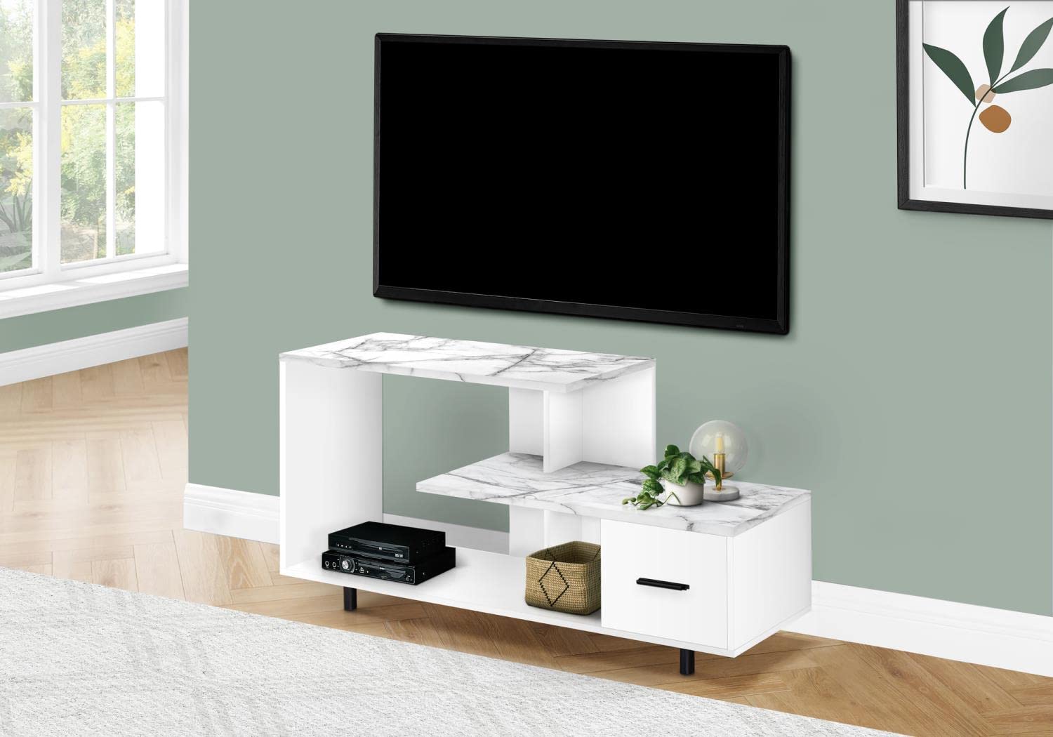 Monarch Specialties 2609 48-Inch TV Stand with Storage Drawer - White Marble Laminate Media Console for Living Room & Bedroom - 47.25
