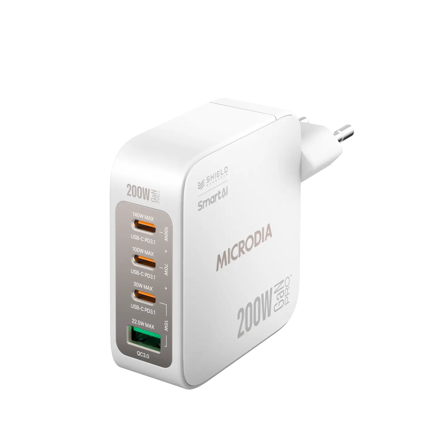 MICRODIA SMARTCube™ Nano 200W GaN Pro Wall Charger - 4 Port USB C PD3.1 & USB A QC3.0 Fast Charging - Perfect for MacBook, iPhone, iPad, Samsung Galaxy & More - Travel, Home & Office Use