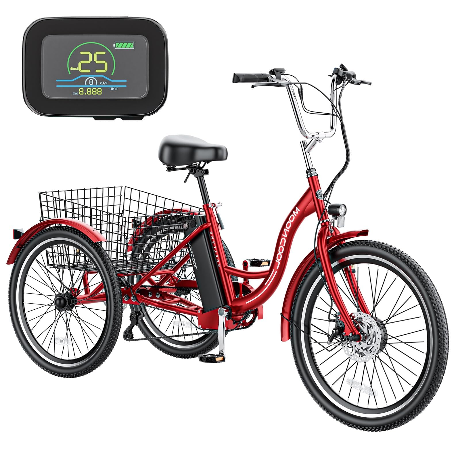 MOONCOOL 350W 36V Electric Tricycle for Adults - 7-Speed Motorized Three-Wheel Bicycle with Large Basket | Commuter, Grocery Shopping & Senior Mobility Solution