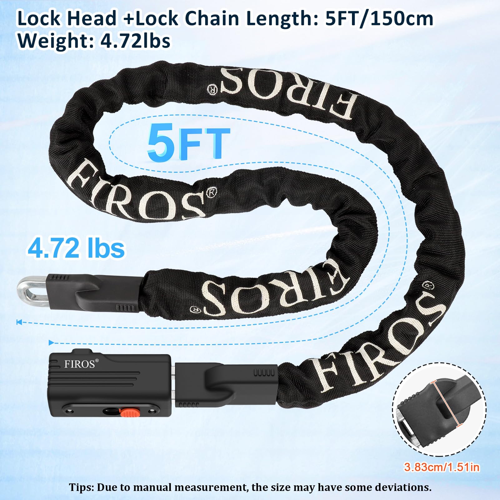 FIROS 5FT Heavy Duty Bike Chain Lock - 8mm Thick Hardened Steel Anti-Theft Bicycle Lock with Key for Mountain, City & Electric Bikes - Perfect for Commuting, Parking & Outdoor Cycling Security