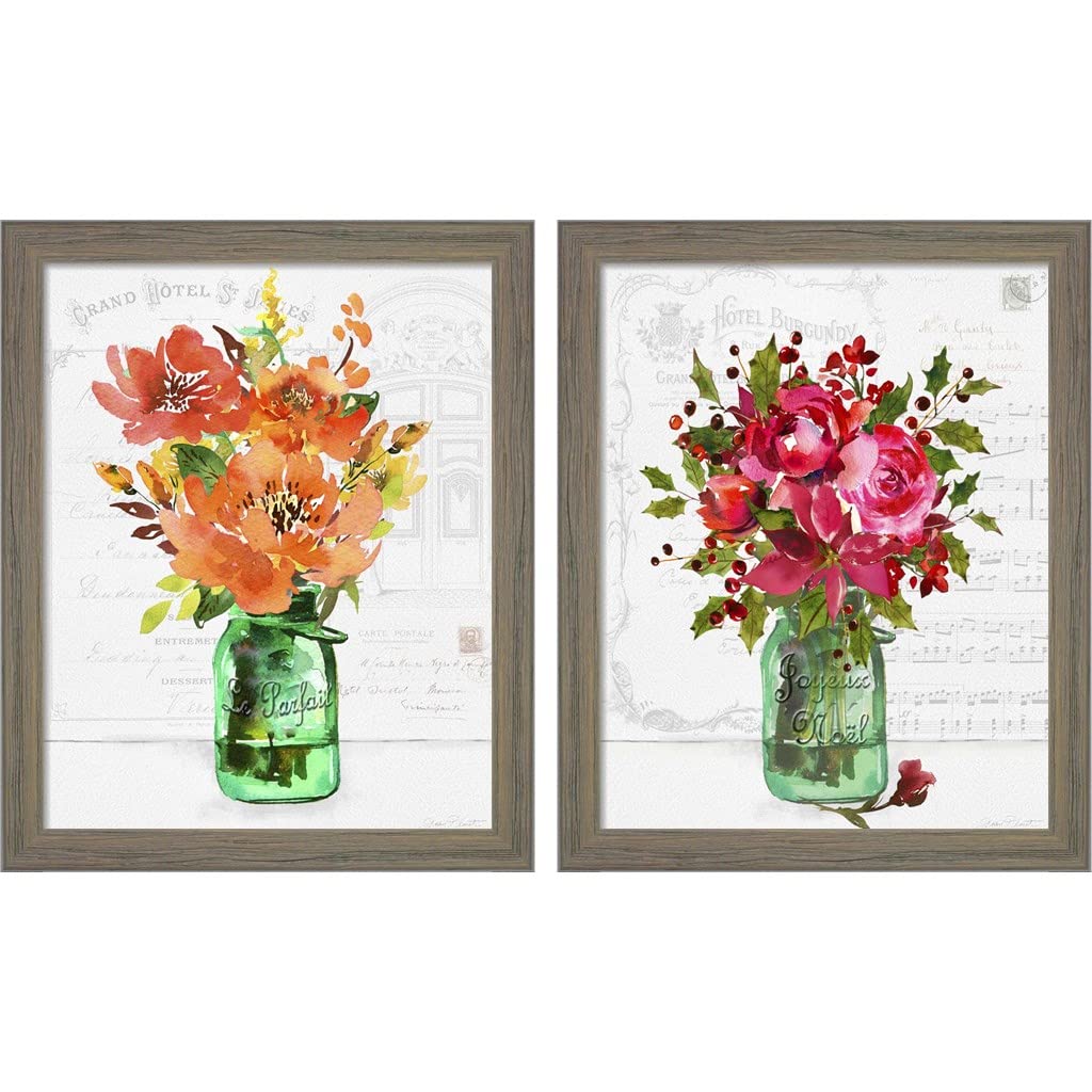 Le Parfait Jar by Jean Plout - 2 Piece Rustic Gray Framed Floral Wall Art Set (9x11 Inches Each) - Perfect for Farmhouse Decor, Kitchen & Dining Room Wall Decor