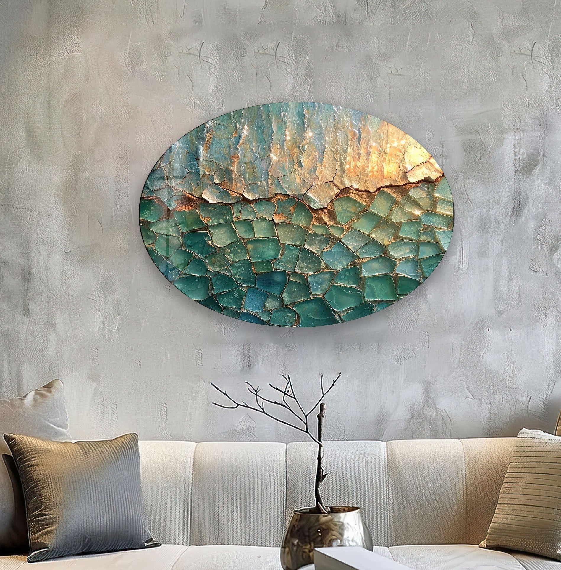 Abstract Cracked Glass Wall Art - Modern Asymmetric Oval Design for Living Room, Bedroom & Office Decor