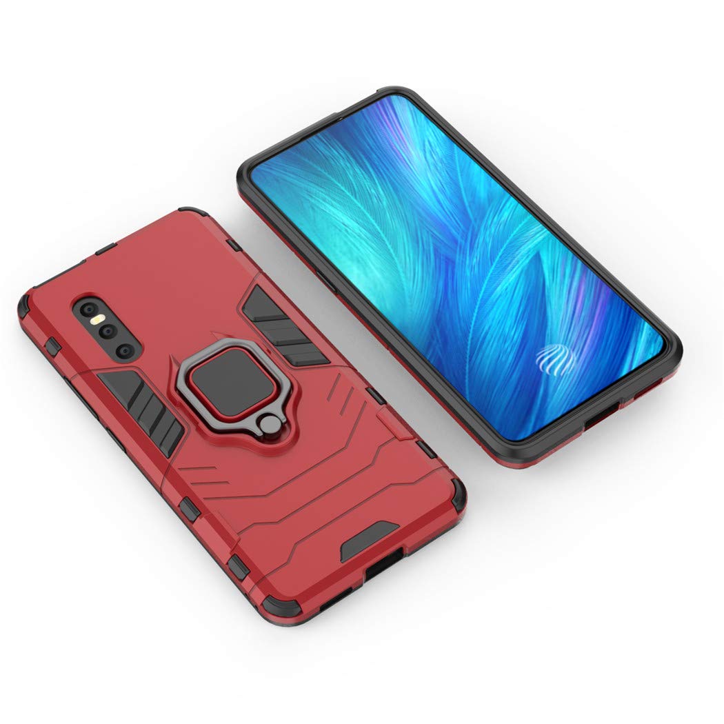 Shockproof Hard Bumper Case for Vivo X27 with Metal Ring Grip & Kickstand - Magnetic Car Mount Compatible, Dual Layer Rugged Protective Cover (Red) - Perfect for Outdoor Activities, Travel, and Daily Use
