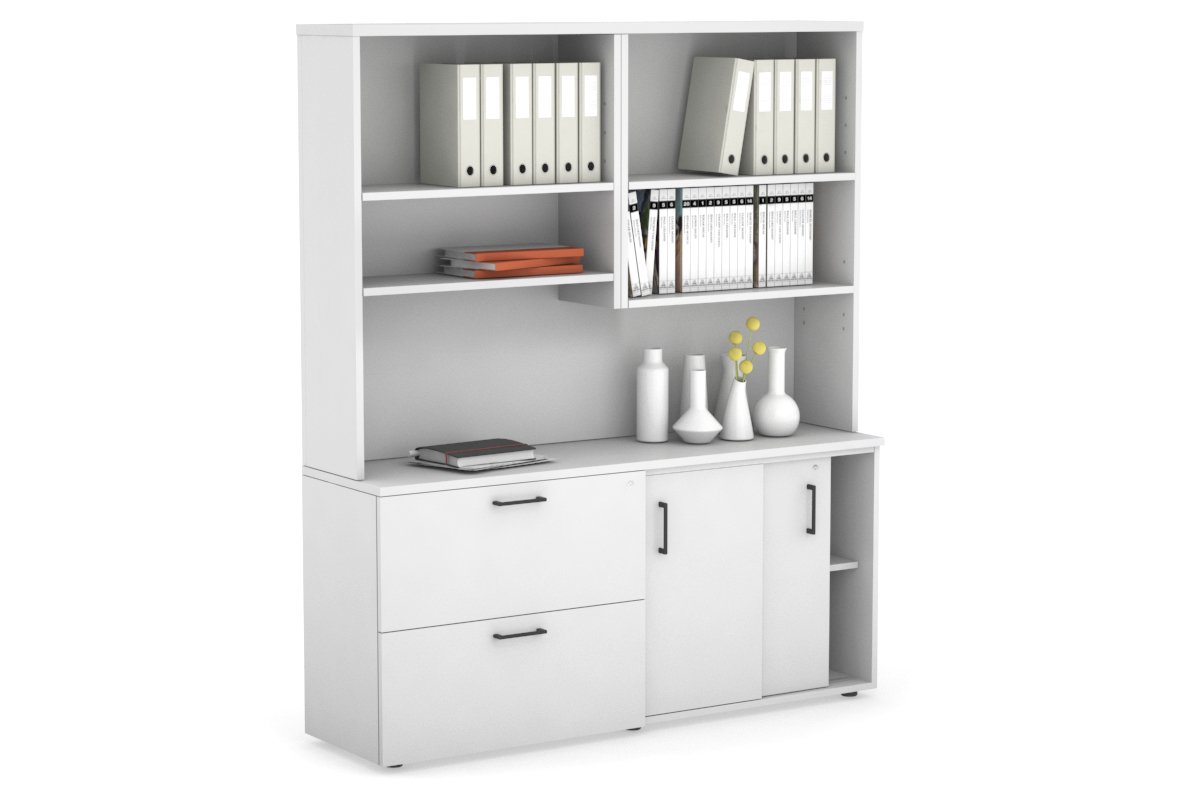 2-Door Sliding Credenza with 2 Drawers & Open Hutch - Modern Office Storage Cabinet for Files, Supplies & Decor - Perfect for Home Office, Conference Rooms & Workspaces
