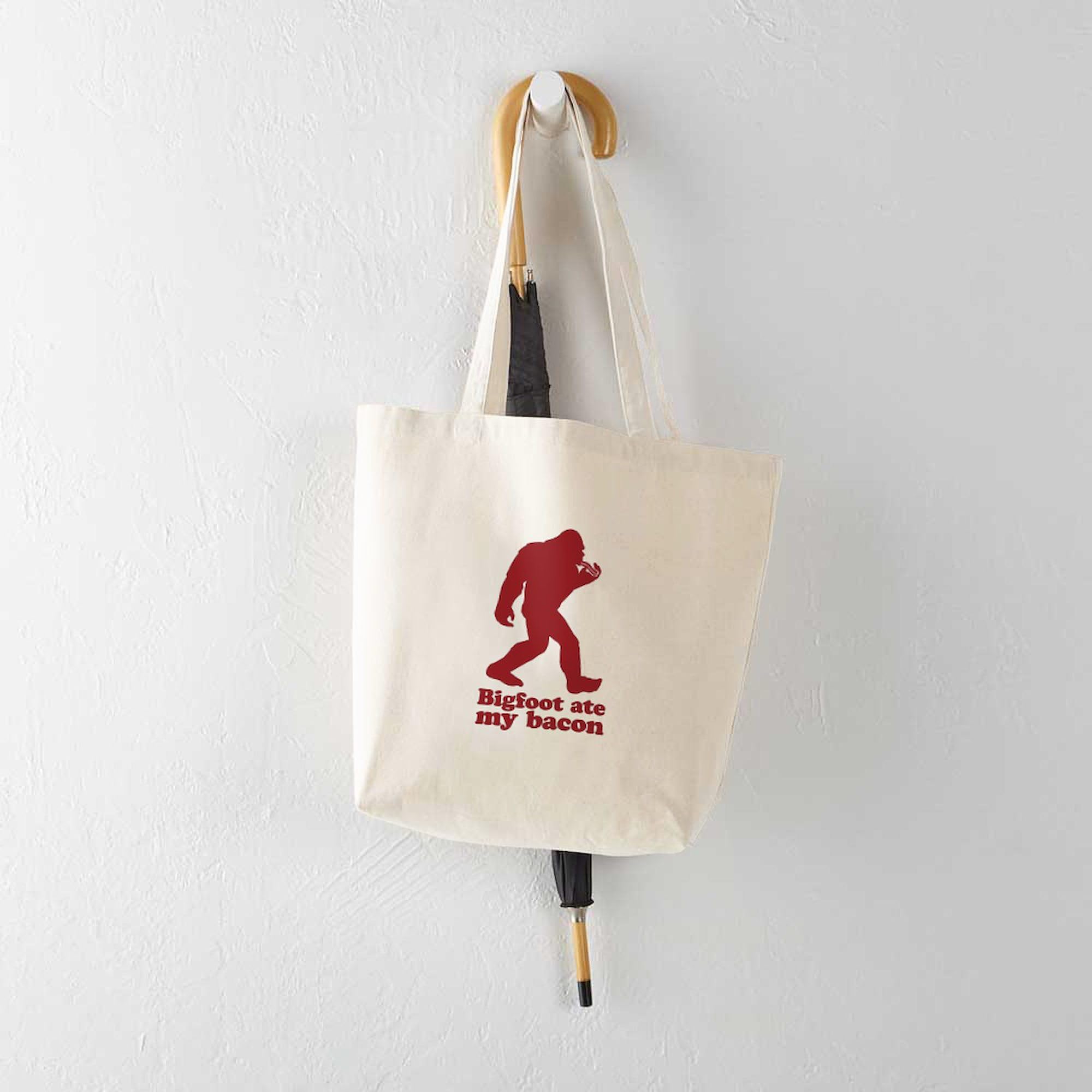 Bigfoot (Sasquatch) Ate My Bacon! Natural Canvas Reusable Shopping Tote Bag - Eco-Friendly Grocery & Beach Bag for Women & Men
