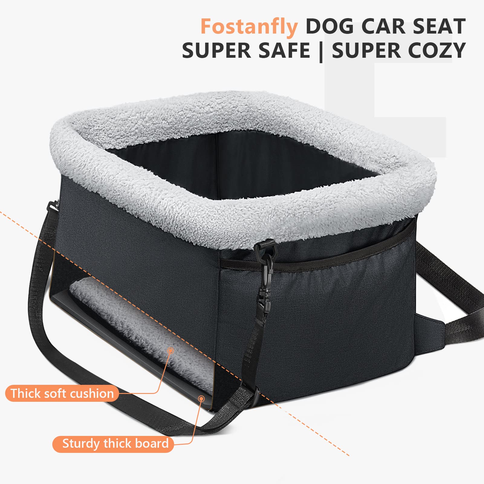 Fostanfly Dog Car Seat for Small Dogs - Upgraded Pet Booster Seat with Metal Frame, Washable Thick Cushion, Safety Leash & Storage Pockets - Perfect for Travel, Road Trips & Daily Commutes