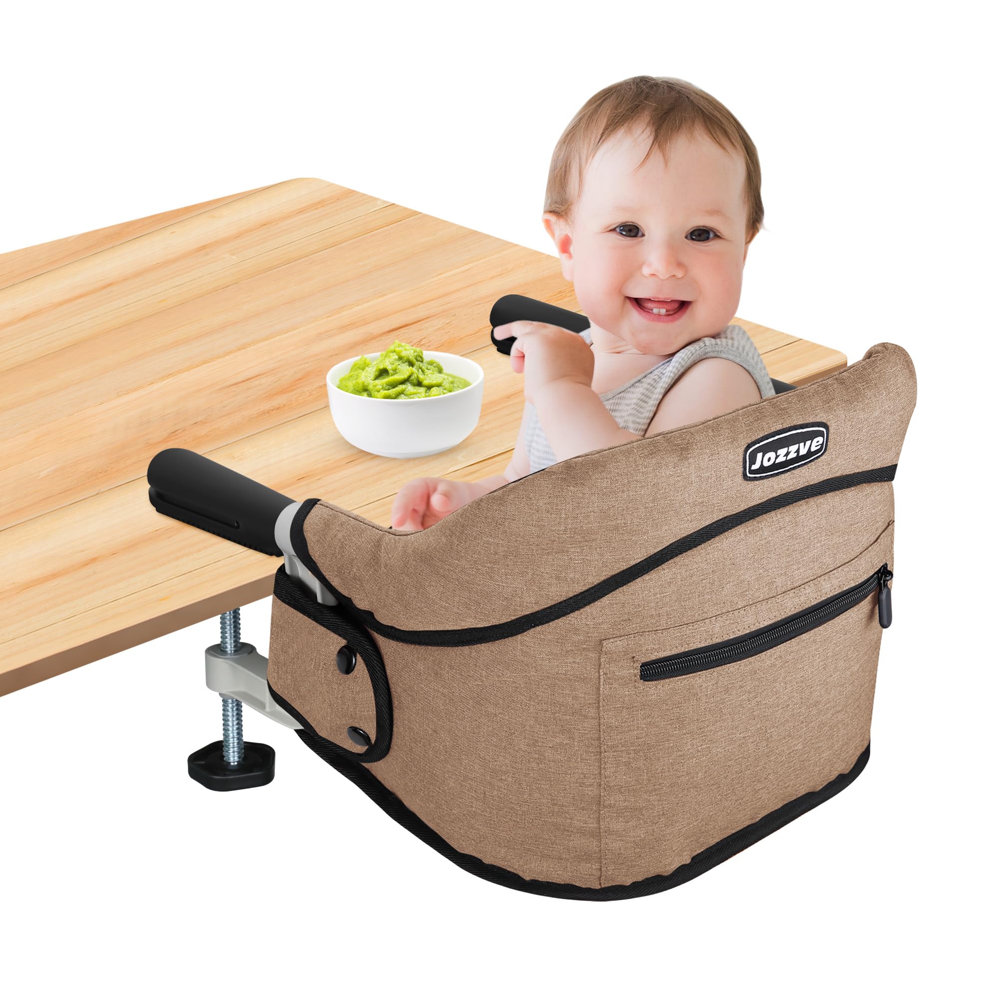 Jozzve Hook On High Chair - Portable & Foldable Baby Feeding Seat with Storage Bag for Travel & Home - Perfect for Dining Out, Camping & Small Spaces (Brown)
