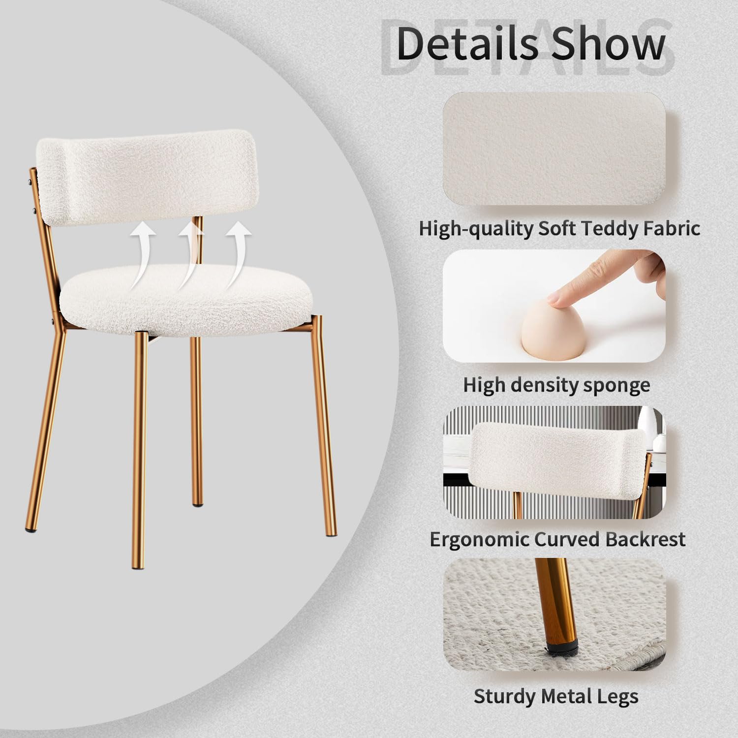 Modern Dining Chairs Set of 4 - Round Upholstered Boucle Sherpa Kitchen Chairs with Curved Backrest & Gold Metal Legs | Mid-Century White Dining Room Chairs for Home, Restaurant, Cafe & Office Use