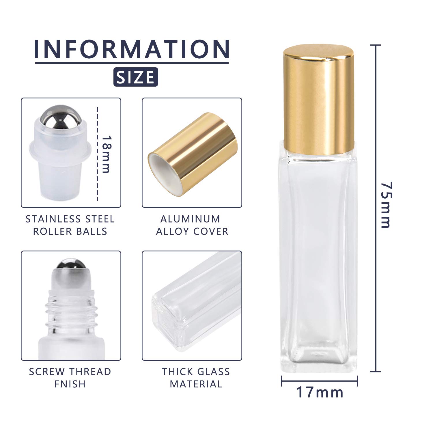 Wifreo Refillable Perfume Essential Oil Roller Bottles - 4 Pack Square Thick Glass 10ml (1/3oz) for Aromatherapy, DIY Fragrance & Travel Essentials