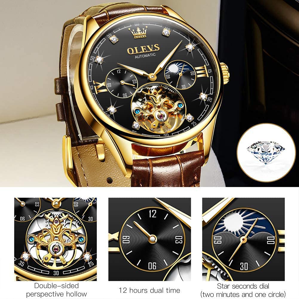 OLEVS Men's Luxury Automatic Mechanical Skeleton Watch with Tourbillon & Diamond - Self-Winding Dress Wristwatch, Moon Phase, Waterproof & Luminous - Perfect for Business, Formal Events & Gift Giving
