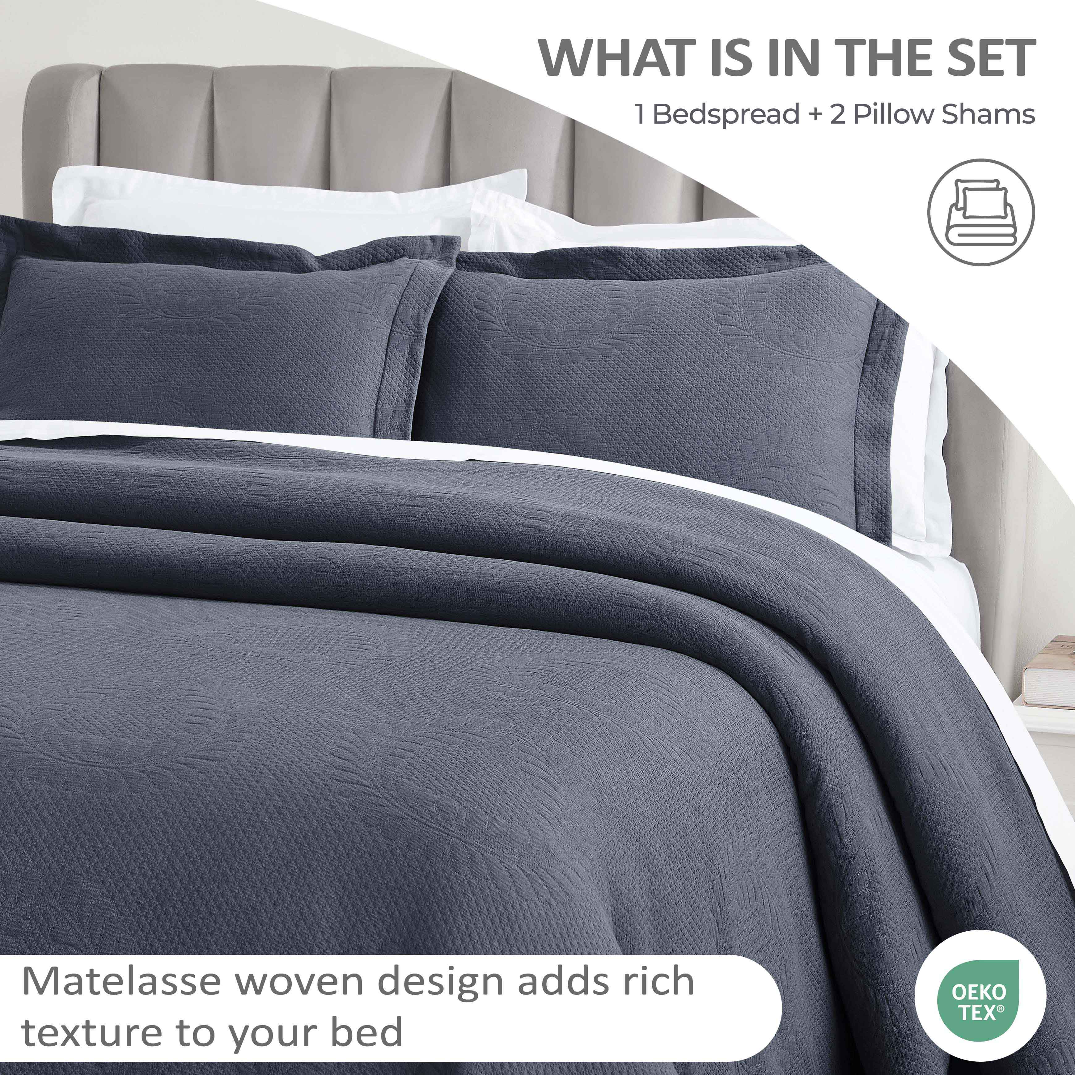 Peploi Cotton Medium Weight Matelasse Bedspread and Sham Set - Queen Size, White Textured Bed Cover with Matching Shams - Perfect for Master Bedroom, Guest Room & Hotel Decor