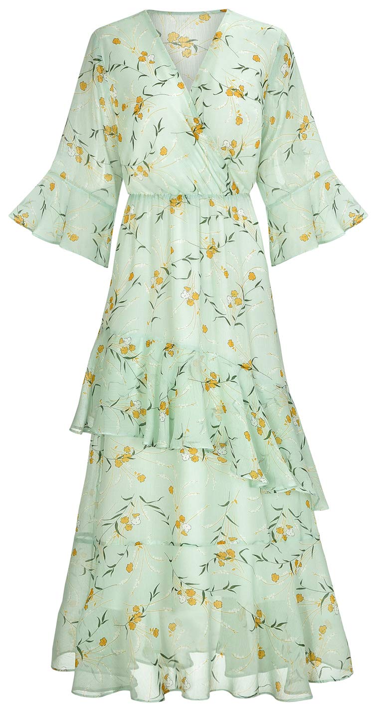 Women's Yellow Floral Maxi Dress - V Neck High Waist Chiffon Long Dress for Beach, Summer Parties & Casual Wear | Flowy Boho Style Dress for Vacations, Date Nights & Outdoor Events