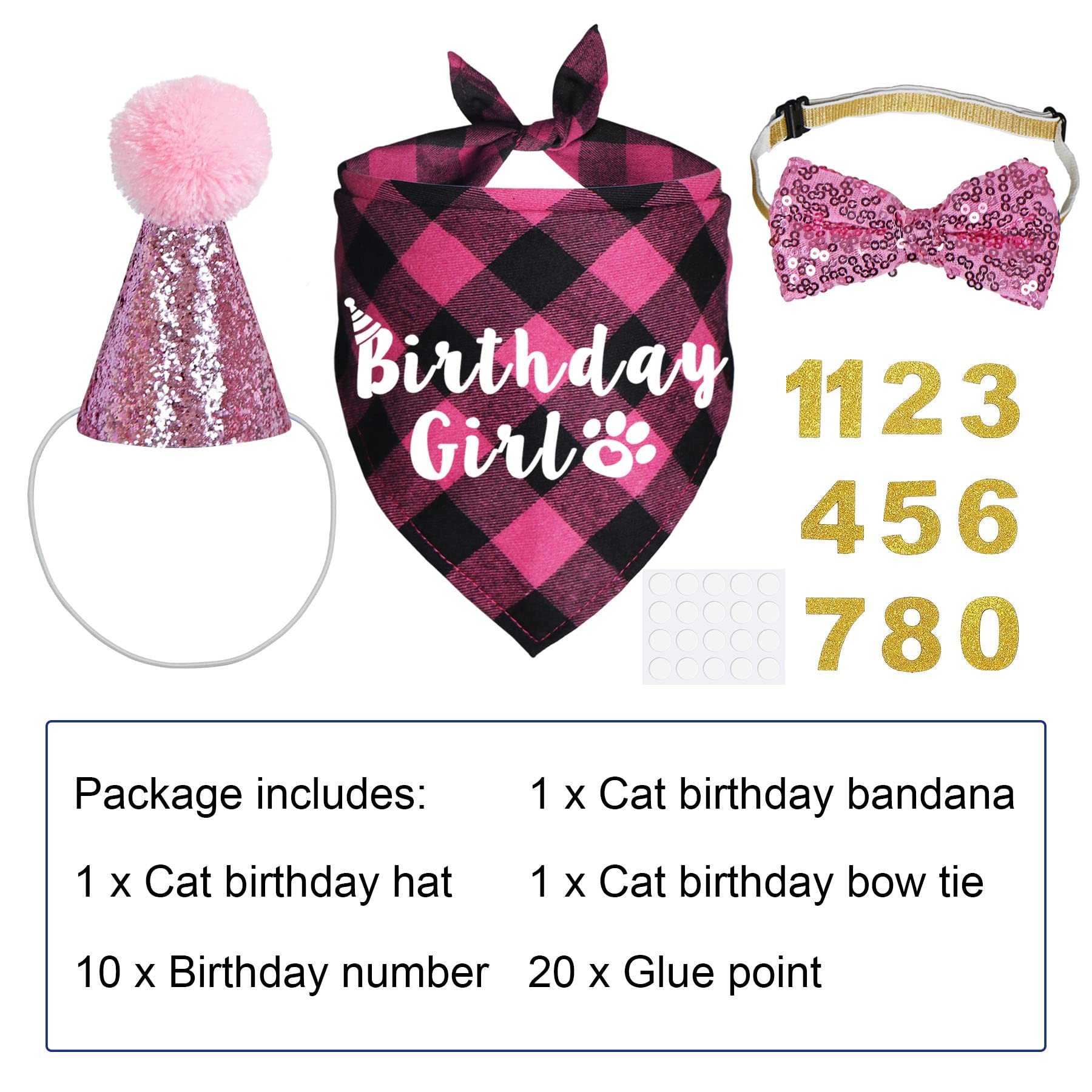 Cat Birthday Party Supplies & Outfits - Bandanas, Hat, Bow Tie for Kitten Birthday Decor (Pink) - Perfect for Pet Celebrations