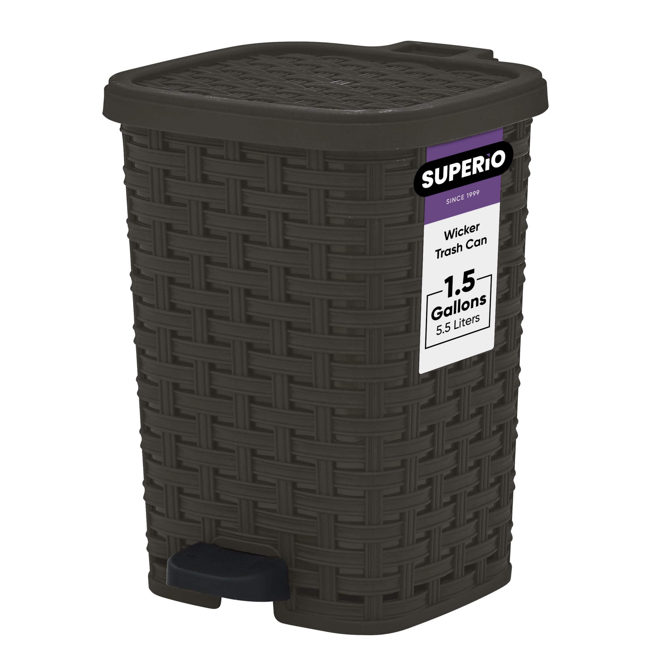 Premium Small Outdoor Trash Can with Lid - 1.5 Gallon/6L Dog Waste Bin - Foot Pedal Plastic Garbage Can for Bathroom, Bedroom, Office, Patio - Wicker Brown Design - Perfect for Pet Owners, Home & Office Organization