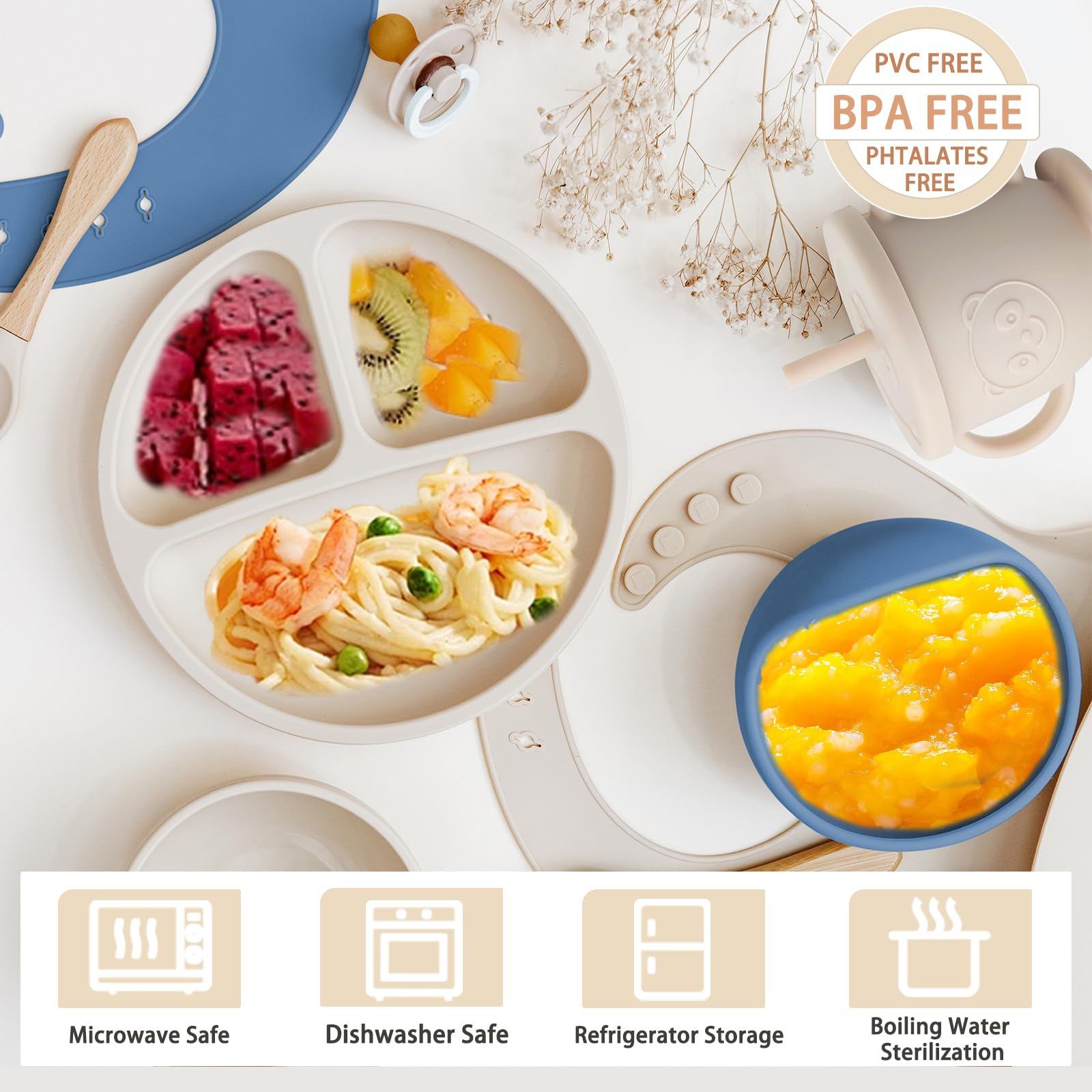 Organic Silicone Baby Feeding Set - BPA-Free Suction Bowls, Divided Plates, Adjustable Bib & Utensils for Infant Self-Feeding | Perfect for Baby-Led Weaning, Toddler Mealtime & On-the-Go Feeding | Includes Spoons, Forks & Training Cup (Beige)