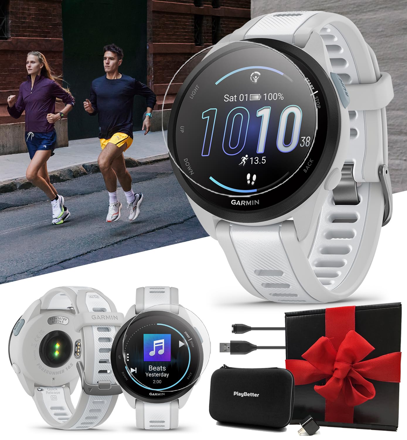 PlayBetter Garmin Forerunner 165 Music (Mist Gray/Whitestone) GPS Running Smartwatch Bundle with AMOLED Touchscreen & 11-Day Battery - Includes Screen Protectors, Wall Adapter & Case - Perfect for Marathon Training, Outdoor Running & Fitness Tracking