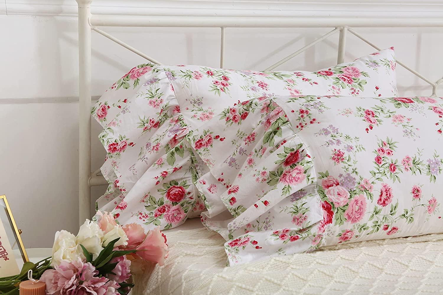 Rose Floral Long Ruffles Cotton Pillow Shams Set of 2 - King Size Bedding, Decorative Cushion Covers for Master Bedroom, Living Room Sofa, Home Decor