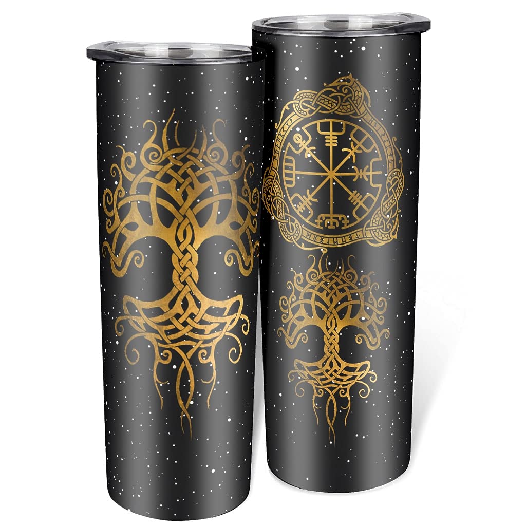 Viking Tree of Life Stainless Steel Tumbler - 20oz Vacuum Insulated Travel Mug with Lid & Straw for Hot & Cold Drinks - Slim Skinny Cup for Coffee, Tea, Water - Perfect for Office, Gym, Camping, Hiking