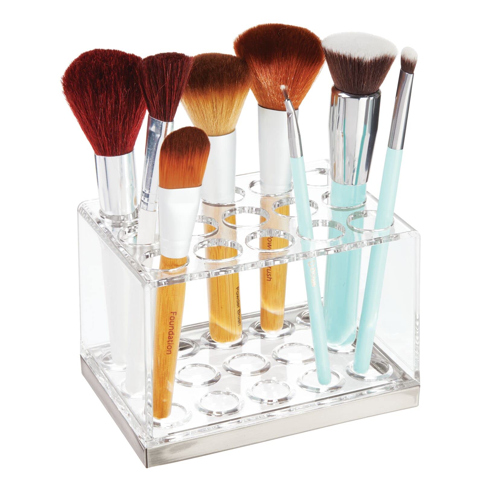 mDesign Clear Plastic Makeup Brush Organizer with 15 Slots - Perfect for Storing Brushes, Lipsticks, Eyeliners & Cosmetics on Bathroom Vanity or Dresser | Space-Saving Beauty Storage Solution for Home & Travel