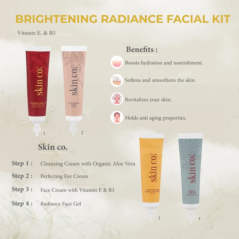 Skin Co Brightening Radiance Facial Kit with Vitamin E, B3 & SPF 10 | 4-Step Express Facial for All Skin Types | 40ml | Perfect for Daily Skincare & Travel
