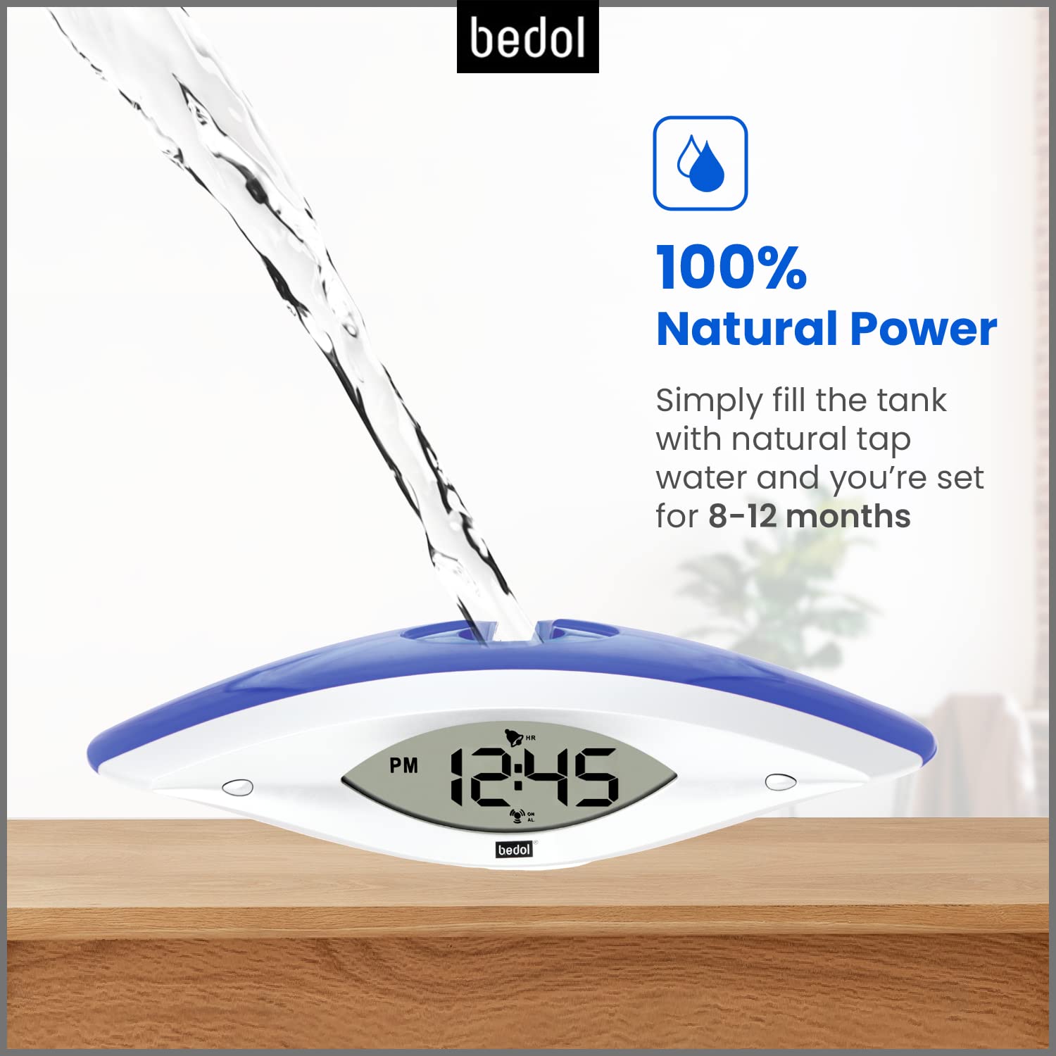 Bedol Eco-Friendly Water-Powered Alarm Clock – No Batteries or Electricity Needed – Recyclable & Modern Design – 4”x3.5” Bedroom Clock – Perfect for Sustainable Living, Kids' Rooms & Unique Gifts