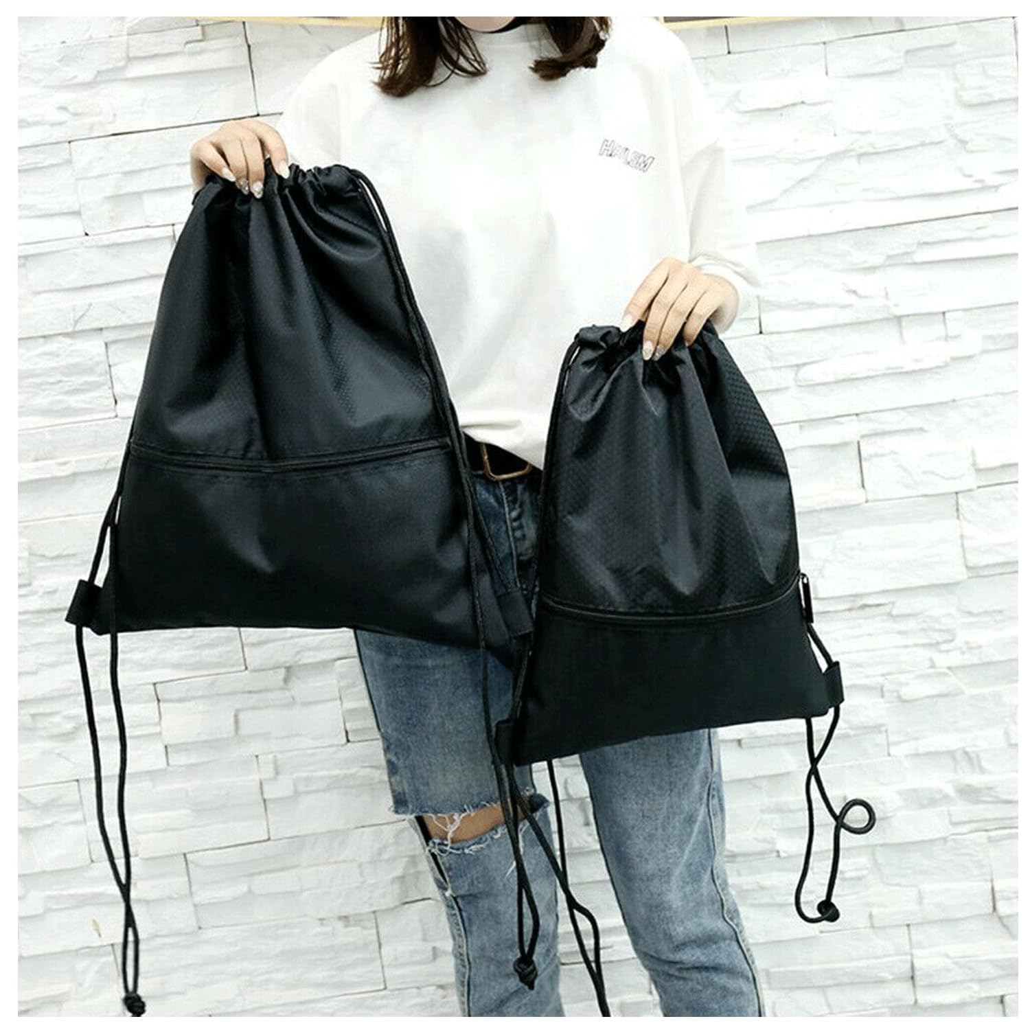 **Waterproof Drawstring Gym Backpack - Lightweight & Foldable Sports Sackpack with Zippered Pocket for Men & Women - Perfect for Gym, Travel, Running & Outdoor Activities**
