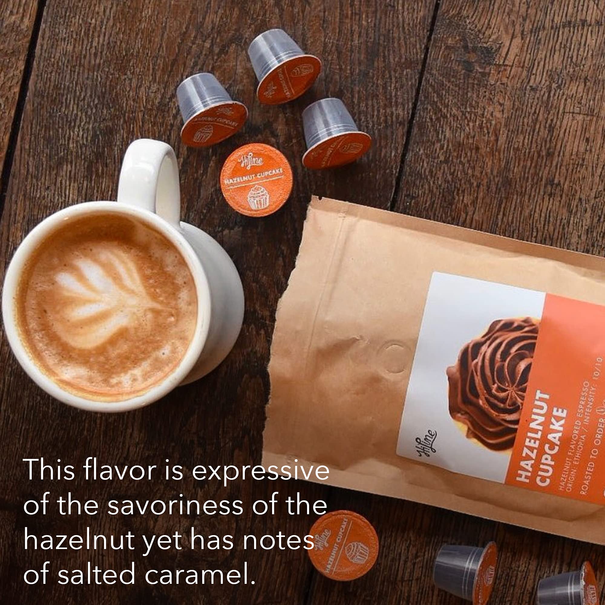 HiLine Coffee Hazelnut Cupcake Flavored Espresso Pods - 20 Count, Single Cup Capsules Compatible with Nespresso Original Brewers - Perfect for Home, Office & Gifts