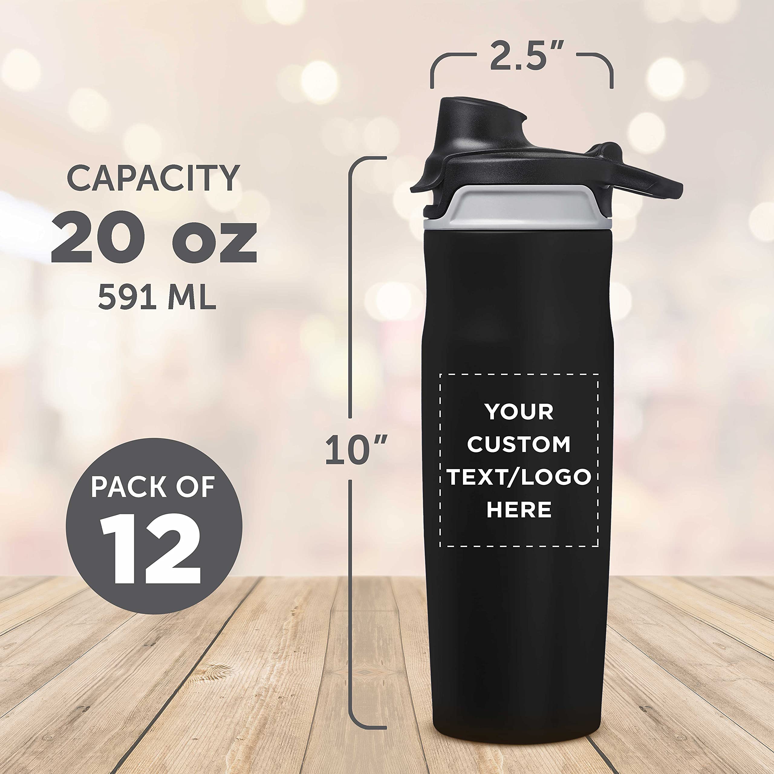Custom 20 oz Juno Water Bottles with Flip Lid - Set of 12 Personalized Reusable Bottles for Gym, Hiking, Cycling & School - Bulk Pack (Black) - Perfect for Sports, Outdoor Activities & Daily Hydration