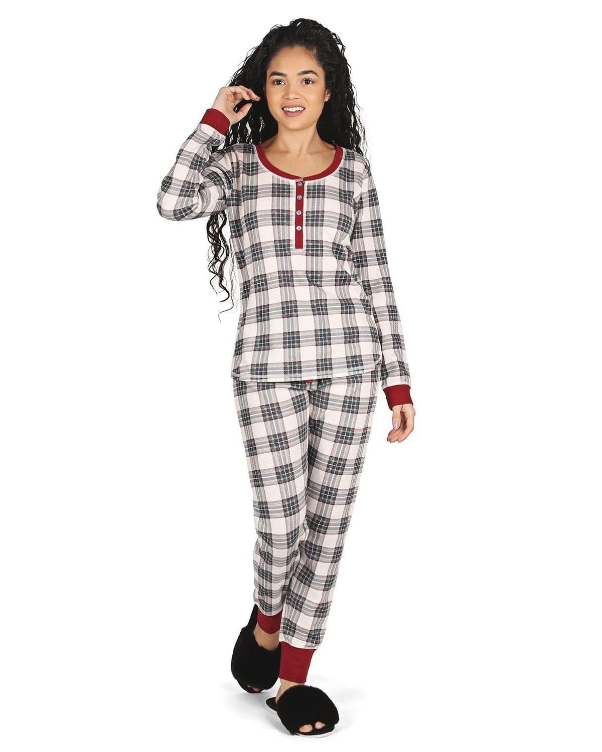 MeMoi Women's Soft Plaid Cotton Blend Henley Pajama Set - Comfortable Sleepwear for Lounge & Nighttime Relaxation