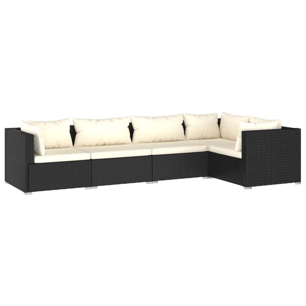 vidaXL 5-Piece Patio Lounge Set - Outdoor Garden Furniture with Cushions, Black Poly Rattan Sectional Sofa for Backyard, Poolside & Terrace Relaxation