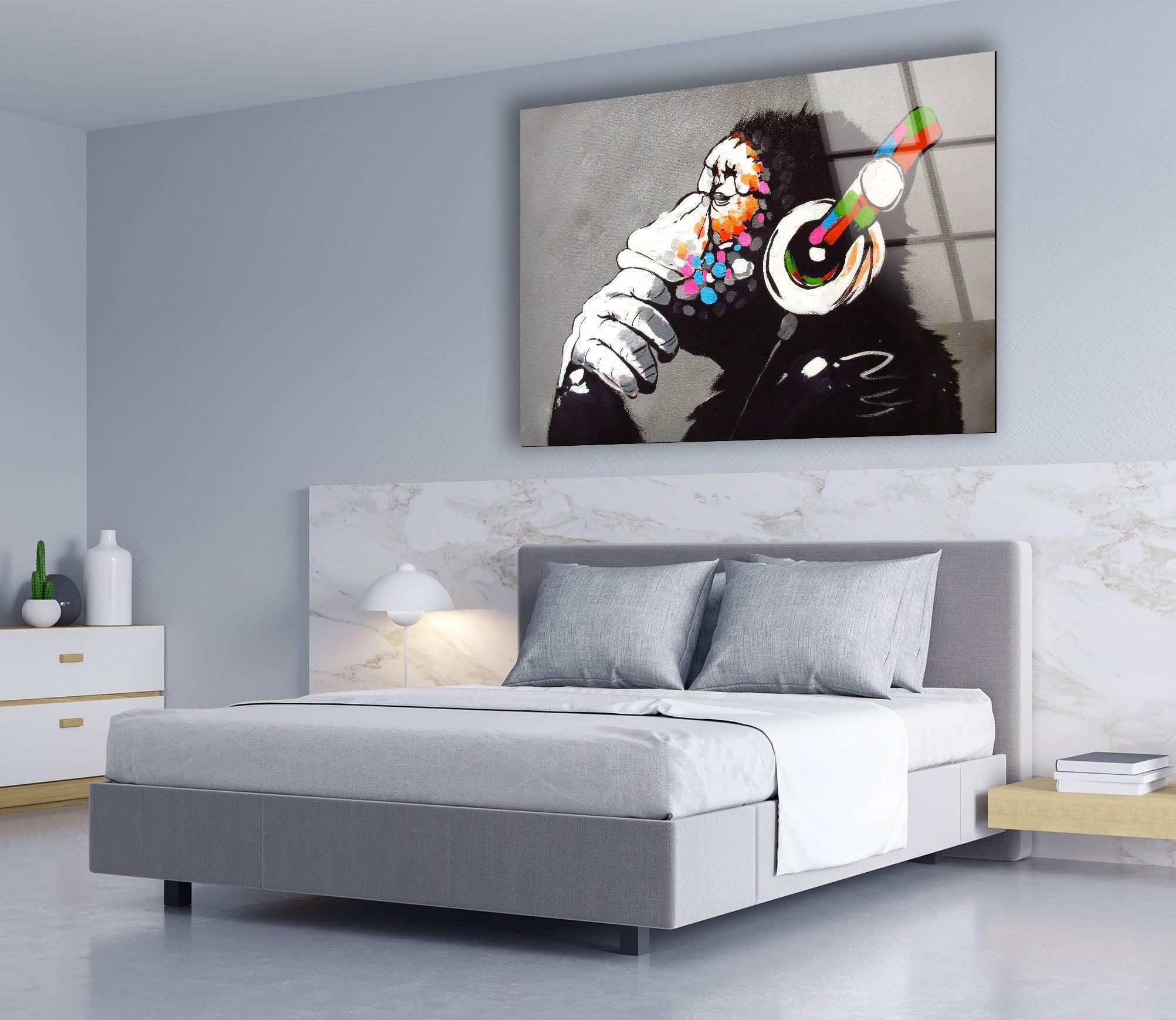 Banksy DJ Monkey Gorilla Thinking Glass Wall Art - Modern Canvas Print for Home & Office Decor - Perfect for Living Room, Bedroom or Studio