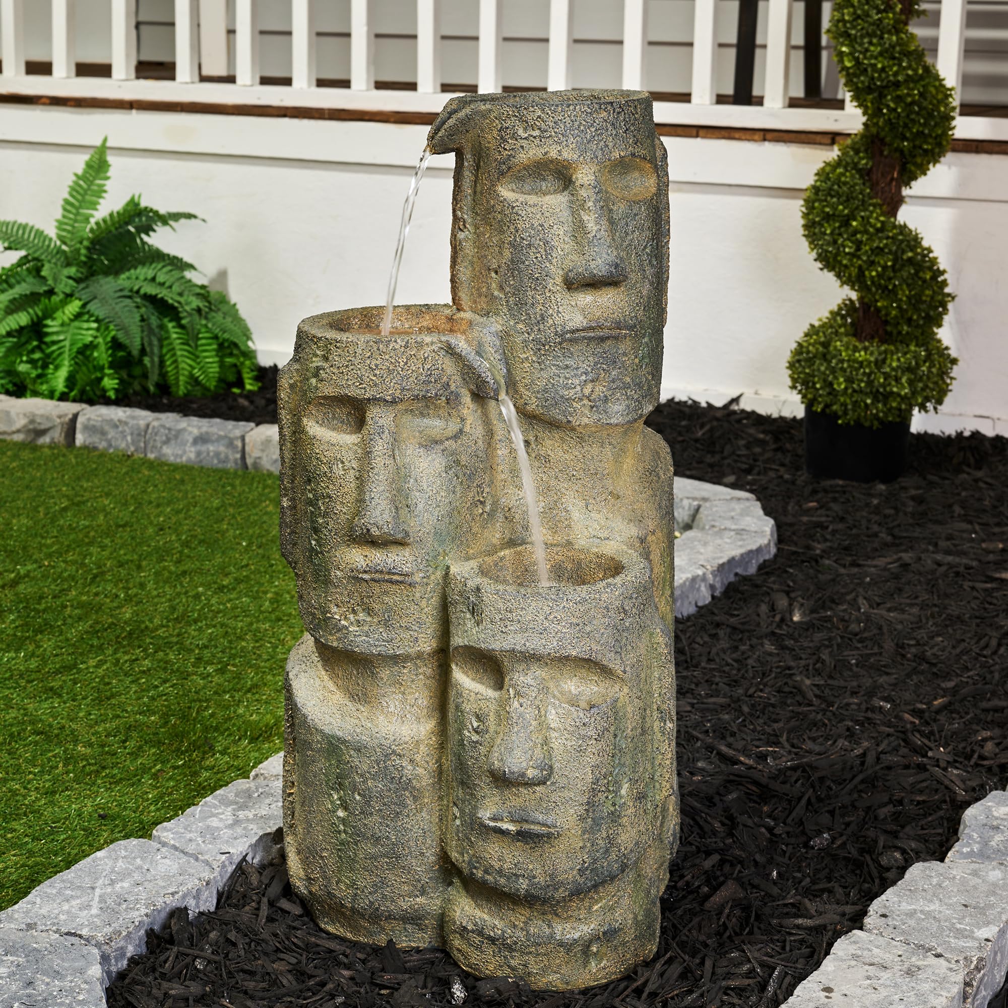Hi-Line Gift Easter Island Head Fountain with 2 LED Lights - Outdoor Garden Decor, Patio Water Feature, Unique Home & Yard Decoration