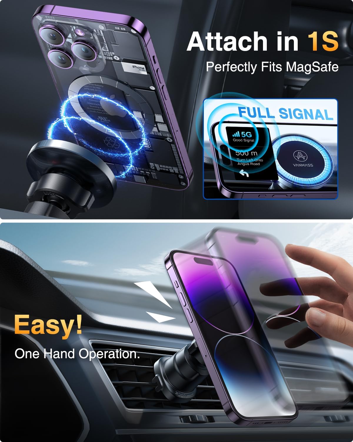 VANMASS Magnetic Car Phone Holder for MagSafe - 2025 Upgraded Strong Vent Mount with Secure Clip Hook - Universal Phone Stand for iPhone 16/15/14/13/12/11 & Samsung Android - Perfect for Road Trips, Commuting and Hands-Free Navigation