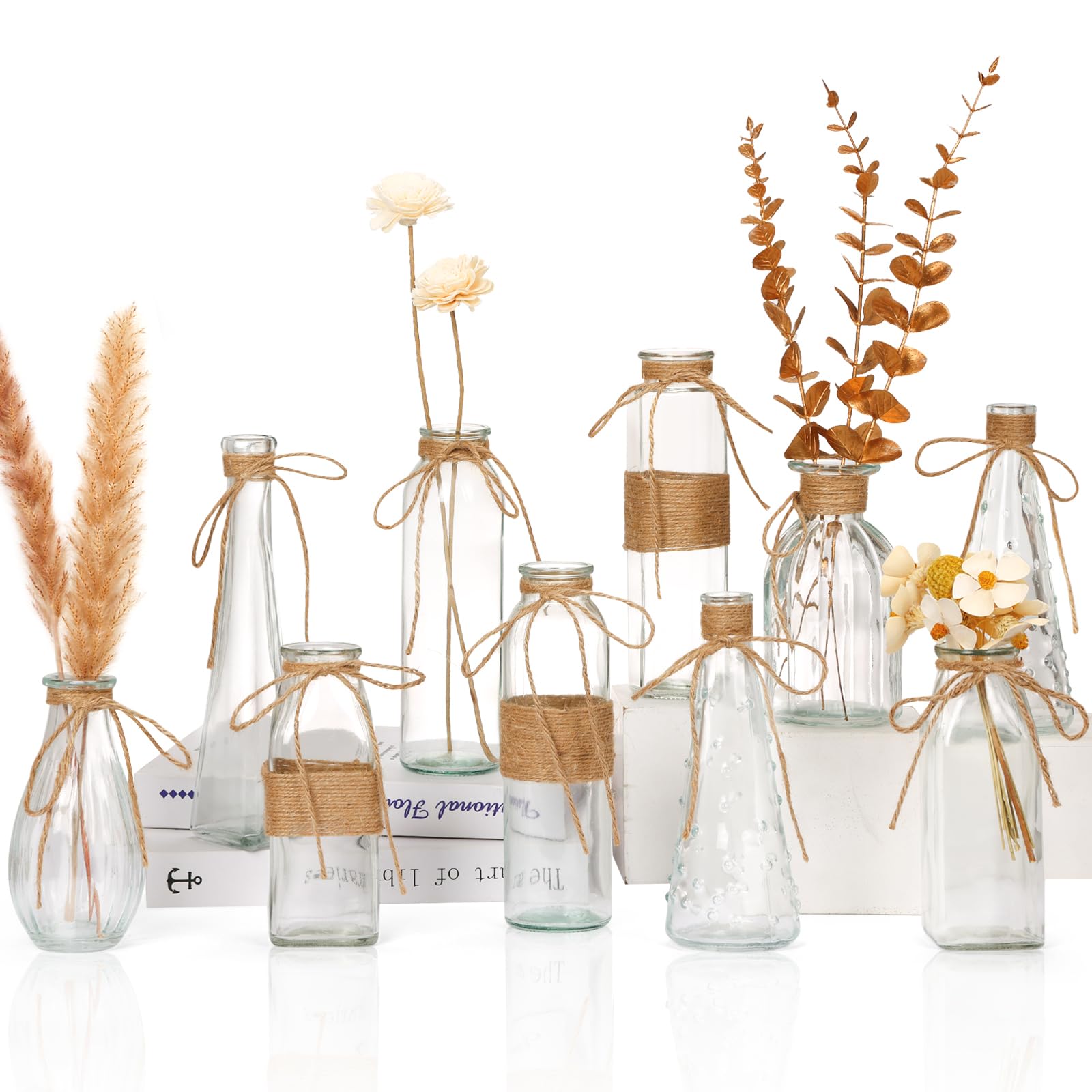 10-Pack Clear Glass Mini Flower Vases with Rope Design - Vintage Farmhouse Style Small Bud Vases for Wedding Centerpieces, Home Table Decor, and Rustic Floral Arrangements - Perfect for Weddings, Parties, and Farmhouse Decor