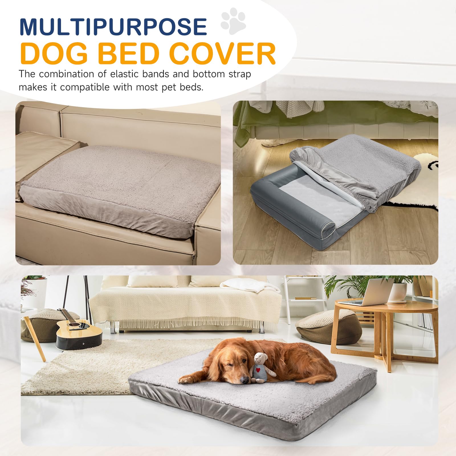 Washable Waterproof Dog Bed Cover Replacement - Quilted Plush Sofa Pillow Cover for Dogs & Cats - Ultra Soft Pet Bed Protector (Grey, 44