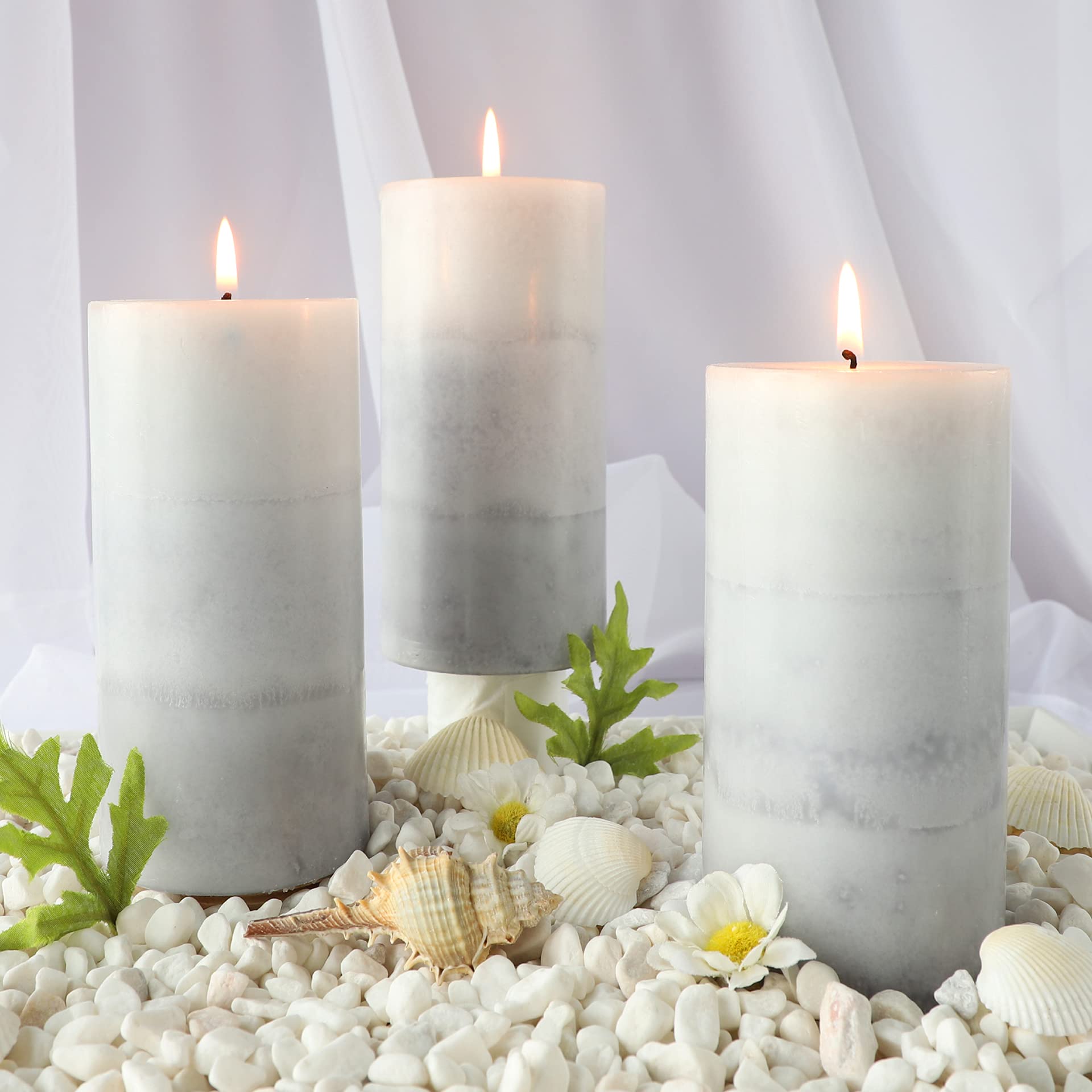 Premium White Pillar Candles - Set of 3 Aromatherapy Scented Candles (3x6 Inch) | Rustic Grey Home Decor Candles | Clean Burning Dripless Coconut Scented Candles for Relaxation, Meditation & Romantic Ambiance