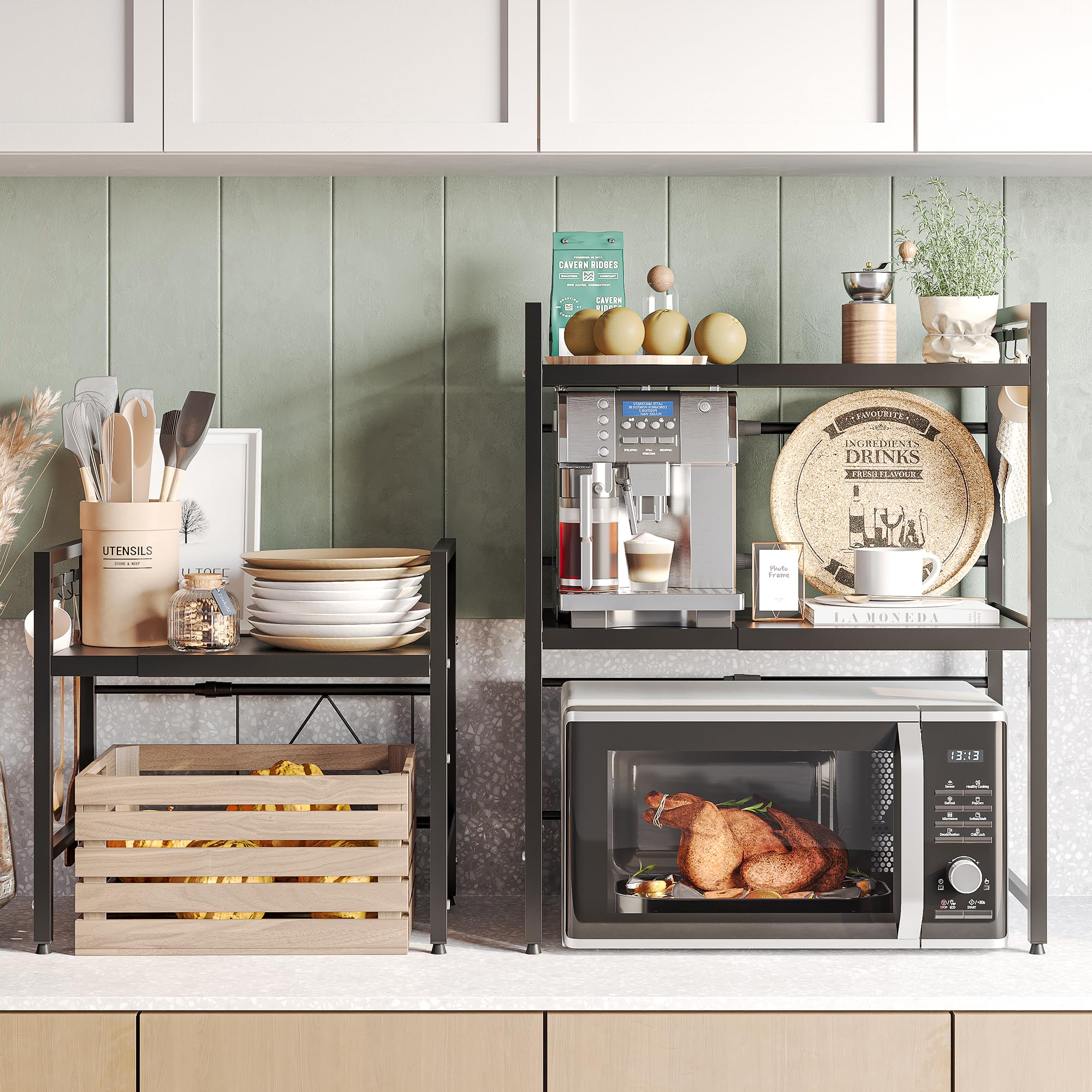 Expandable 2-Tier Microwave Stand with 8 Hooks - Sturdy Metal Kitchen Countertop Organizer Shelf for Microwave, Spices & Utensils - 55lbs Weight Capacity - Perfect for Small Kitchens, Apartments & Dorm Rooms