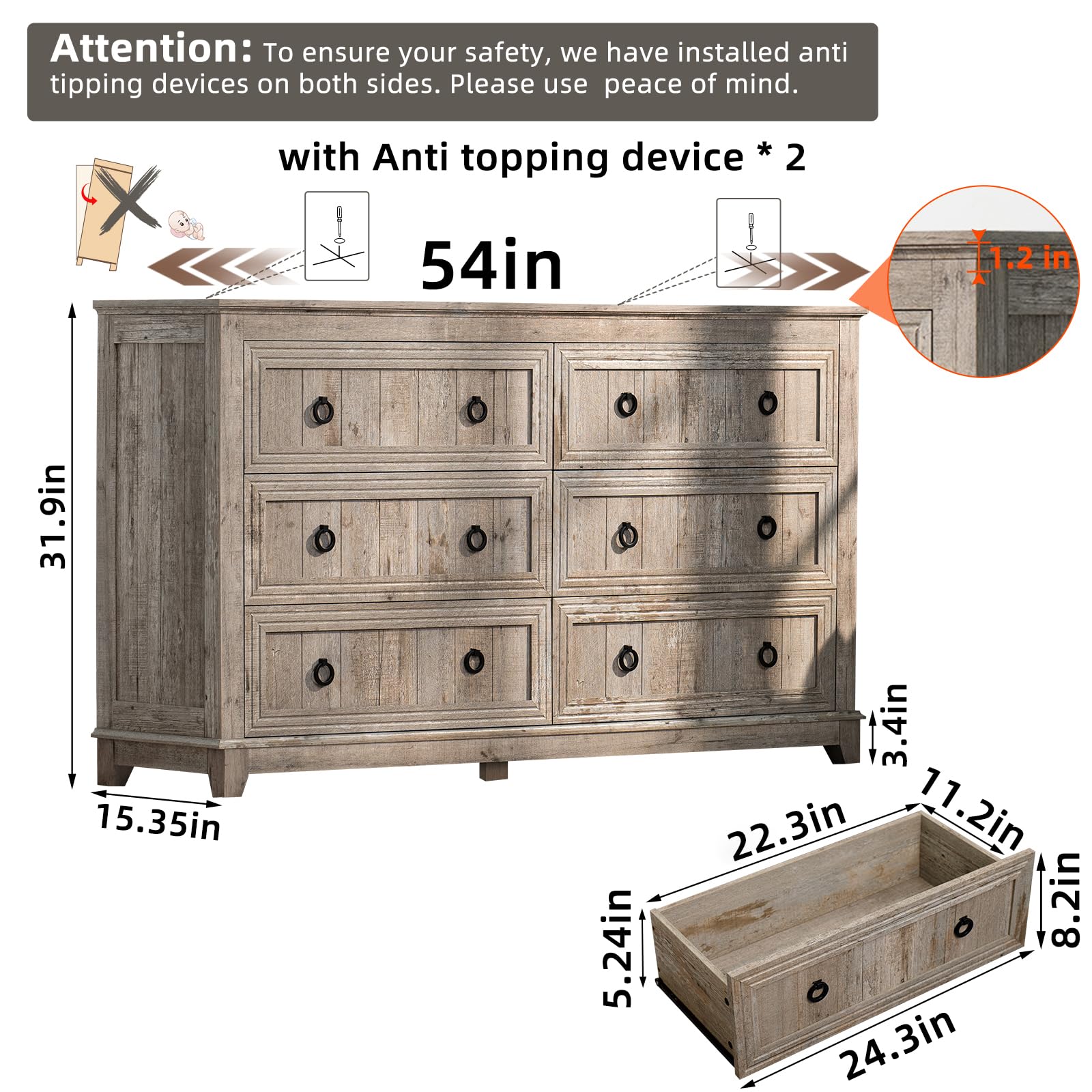 Farmhouse Dresser and Nightstand Set 3-Piece - 6 Drawer Dresser (54