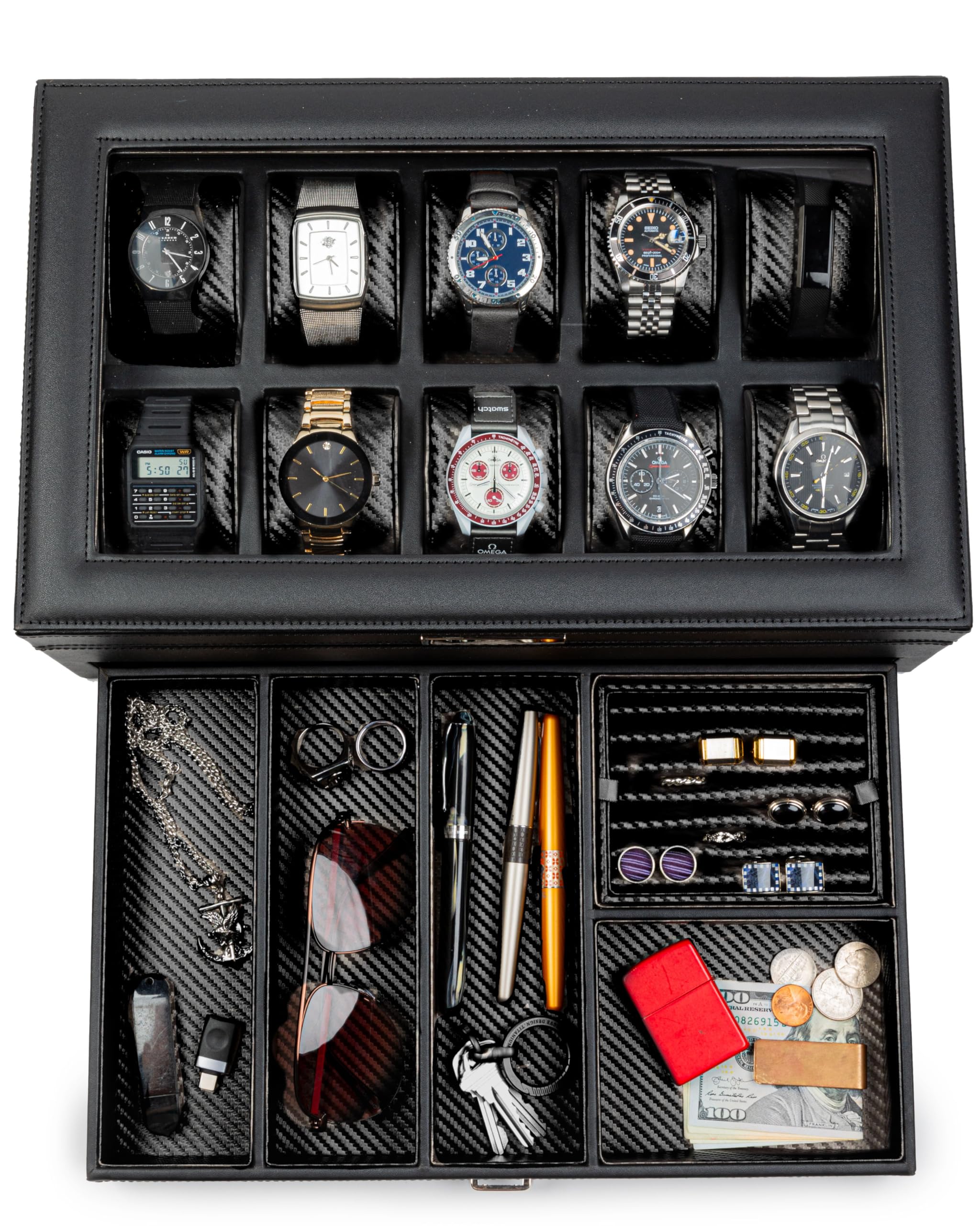 HOUNDSBAY Luxury Yacht Watch Box for Men - Premium Vegan Leather Jewelry Organizer with Glass Display Lid & EDC Storage Drawer - Black Carbon Fiber - Perfect for Watch Collectors & Travel Storage