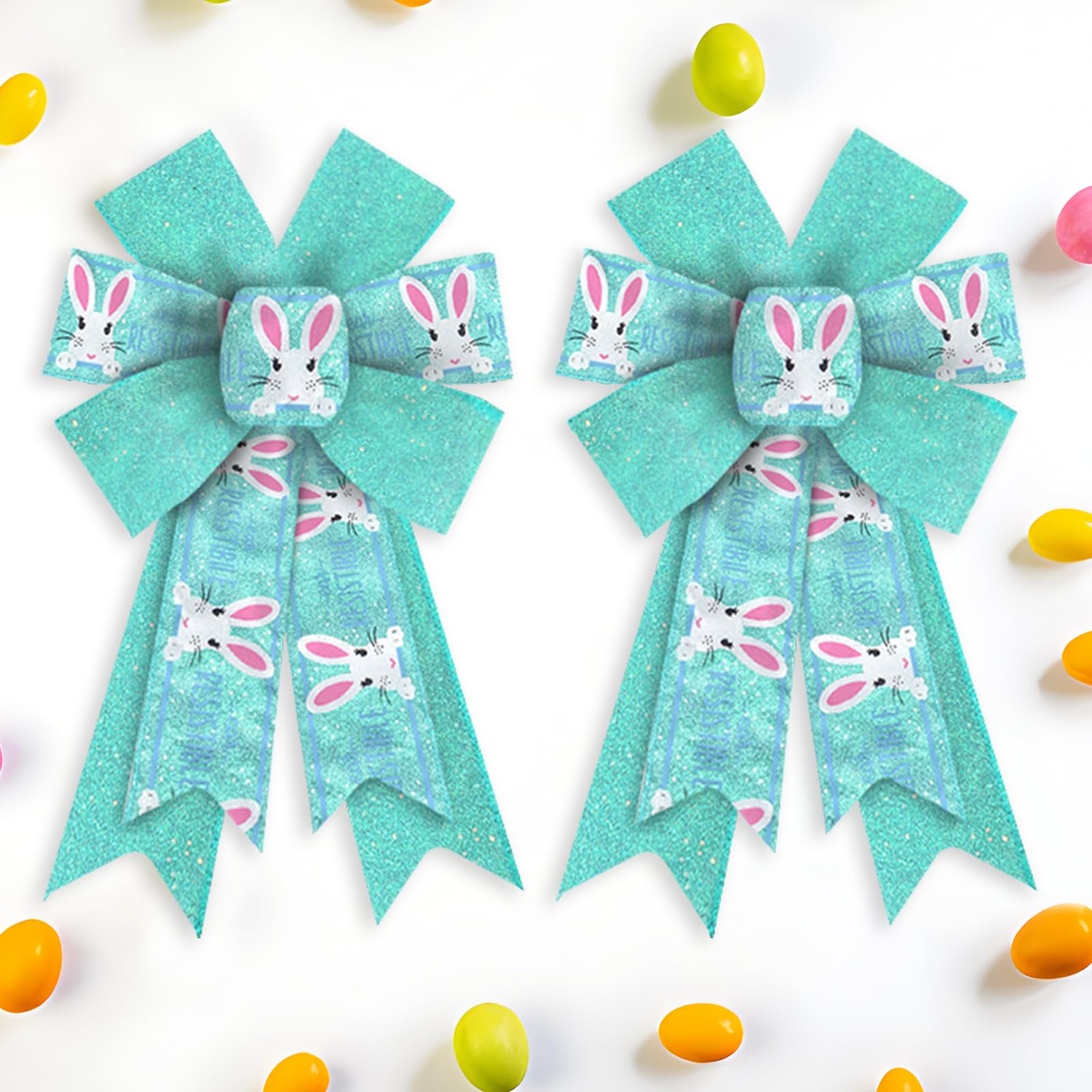 2 Pack Glitter Blue Burlap Easter Bows for Wreaths - Bunny Craft Bows for Spring Door Decor, Easter & Birthday Party Decorations - Perfect for Front Door, Wreaths, and Gift Wrapping