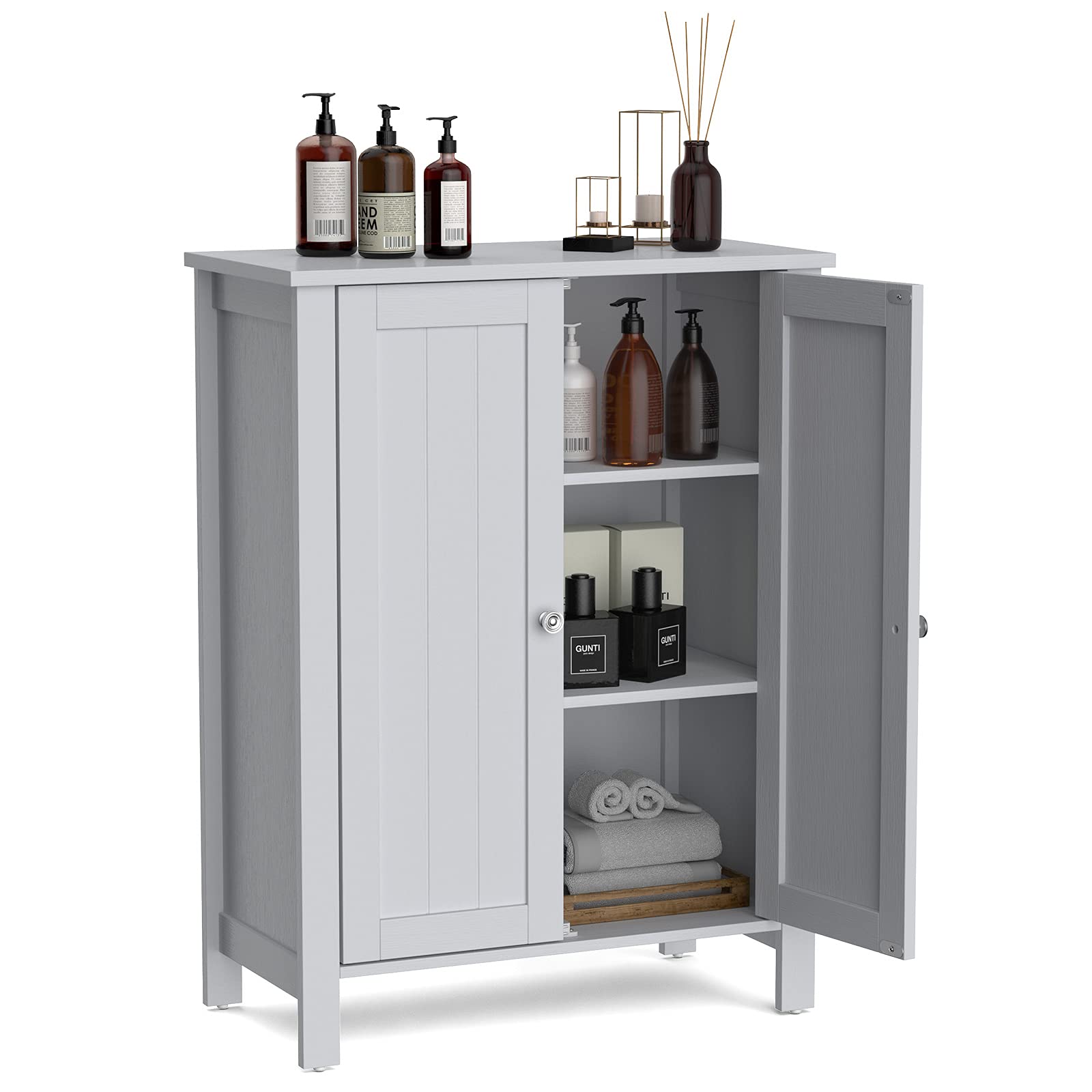 GOFLAME 3-Tier Adjustable Bathroom Storage Cabinet with Double Doors - Freestanding Wooden Organizer for Bathroom, Living Room & Kitchen - Grey | Space-Saving Home Storage Solution for Towels, Toiletries & Cleaning Supplies